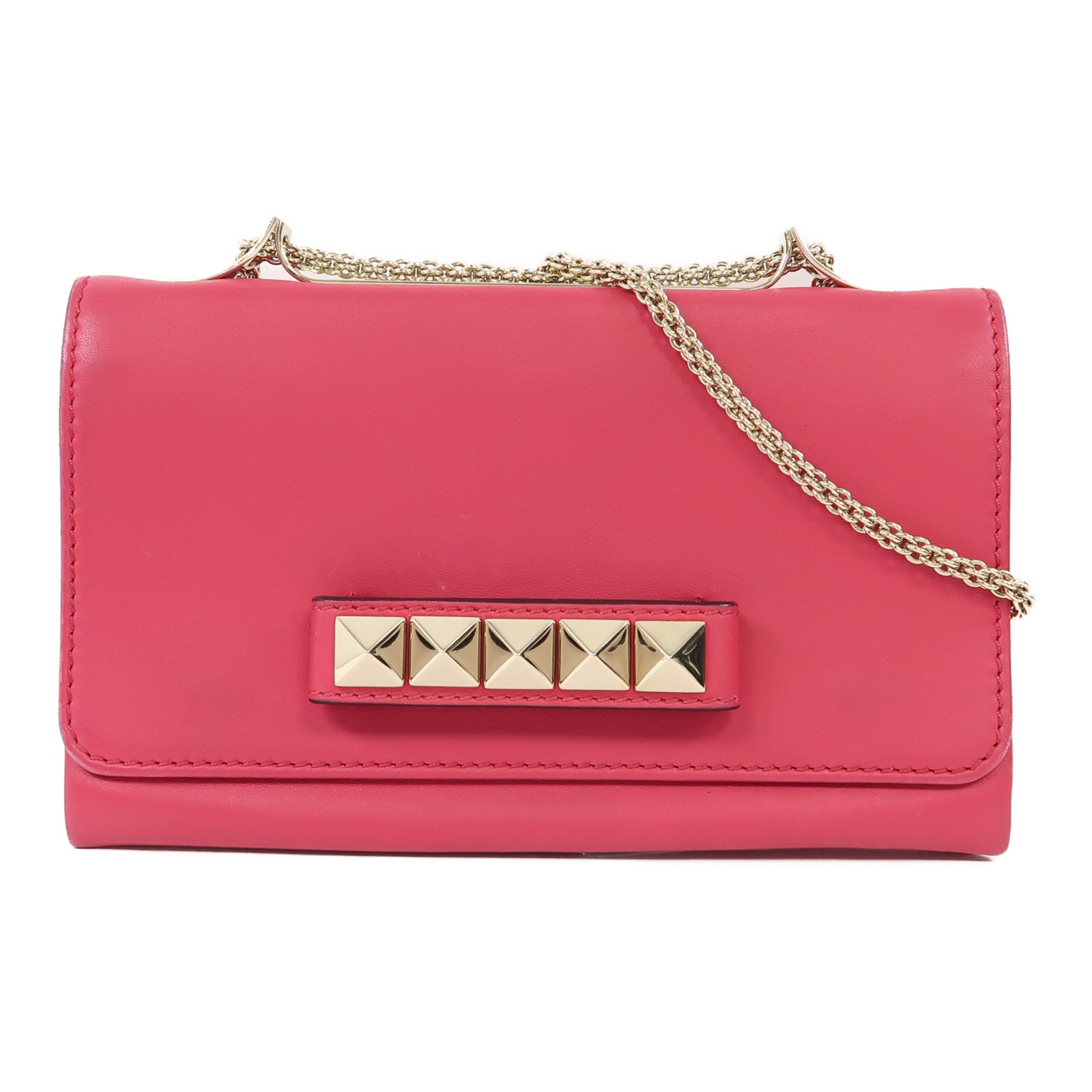 Valentino 牛皮皮革Chain Shoulder金扣鏈帶肩背袋粉紅色
