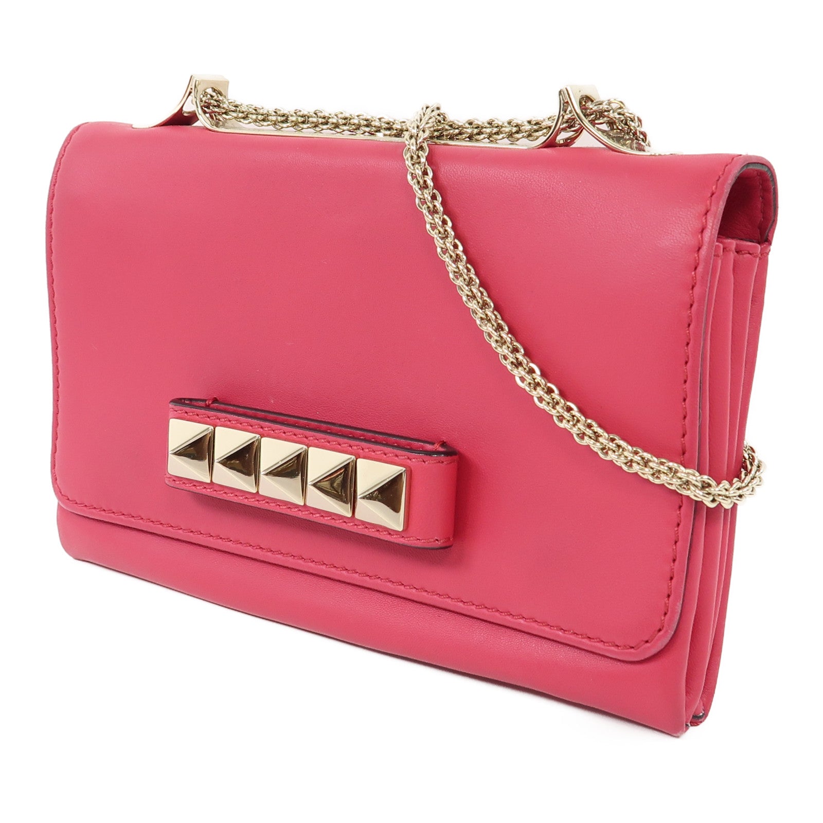 Valentino 牛皮皮革Chain Shoulder金扣鏈帶肩背袋粉紅色