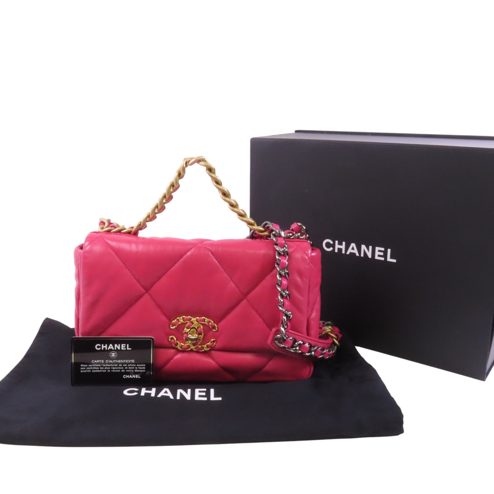 CHANEL 羊皮皮革C19金扣鏈帶手挽肩背兩用袋