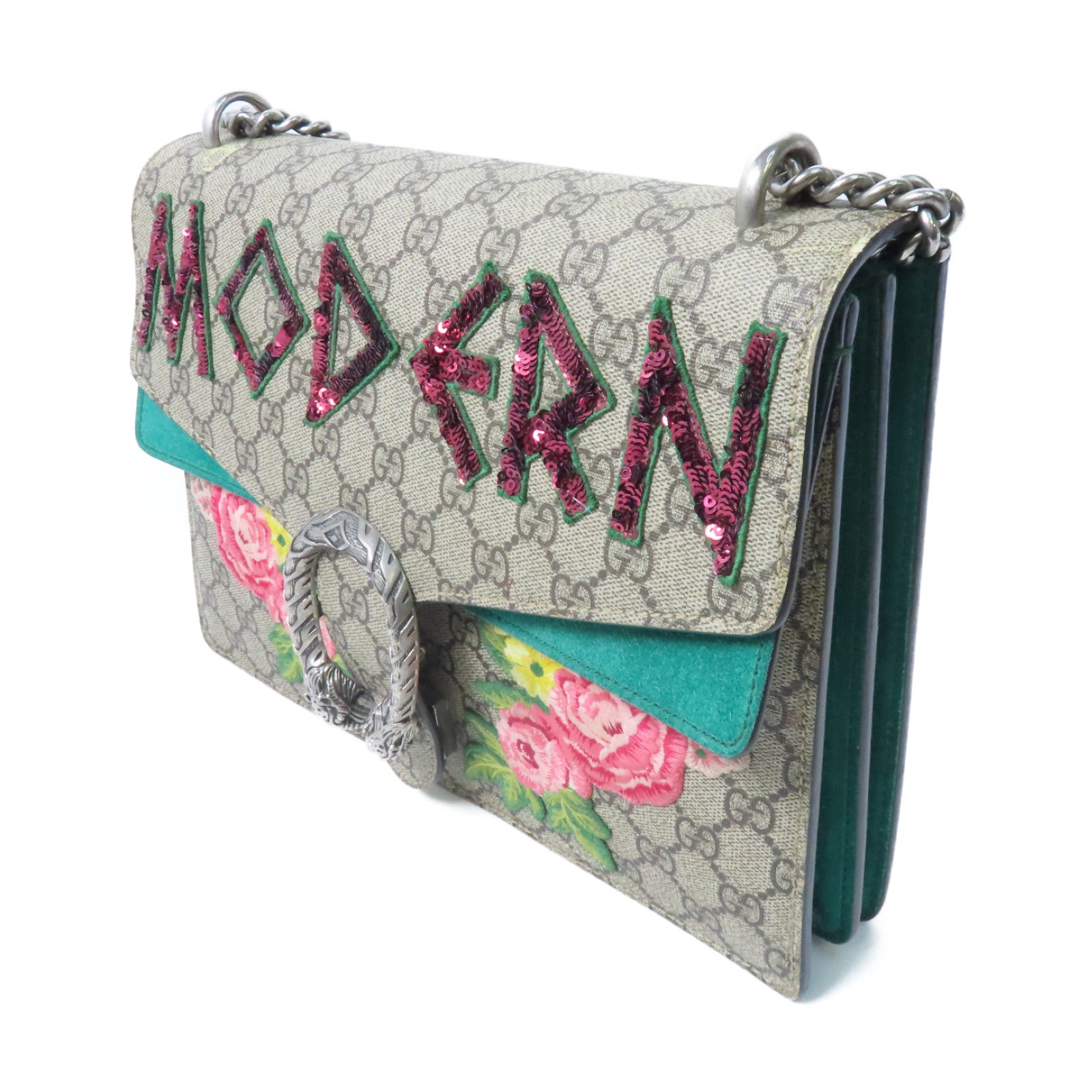 GUCCI 【激減優惠】塗層帆布Dionysus銀扣鏈帶肩背袋啡色/彩色