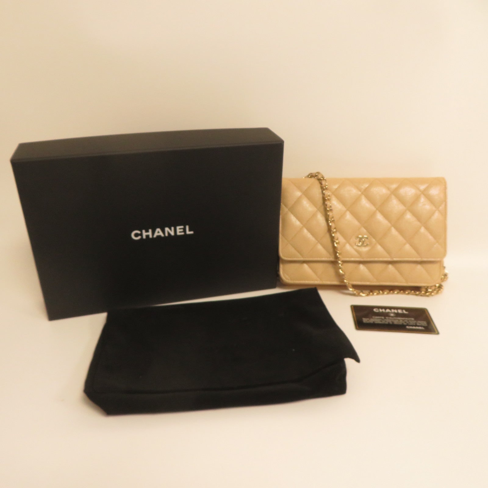 CHANEL 【激減優惠】菱格牛皮皮革Wallet On Chain金扣鏈帶肩背袋米色
