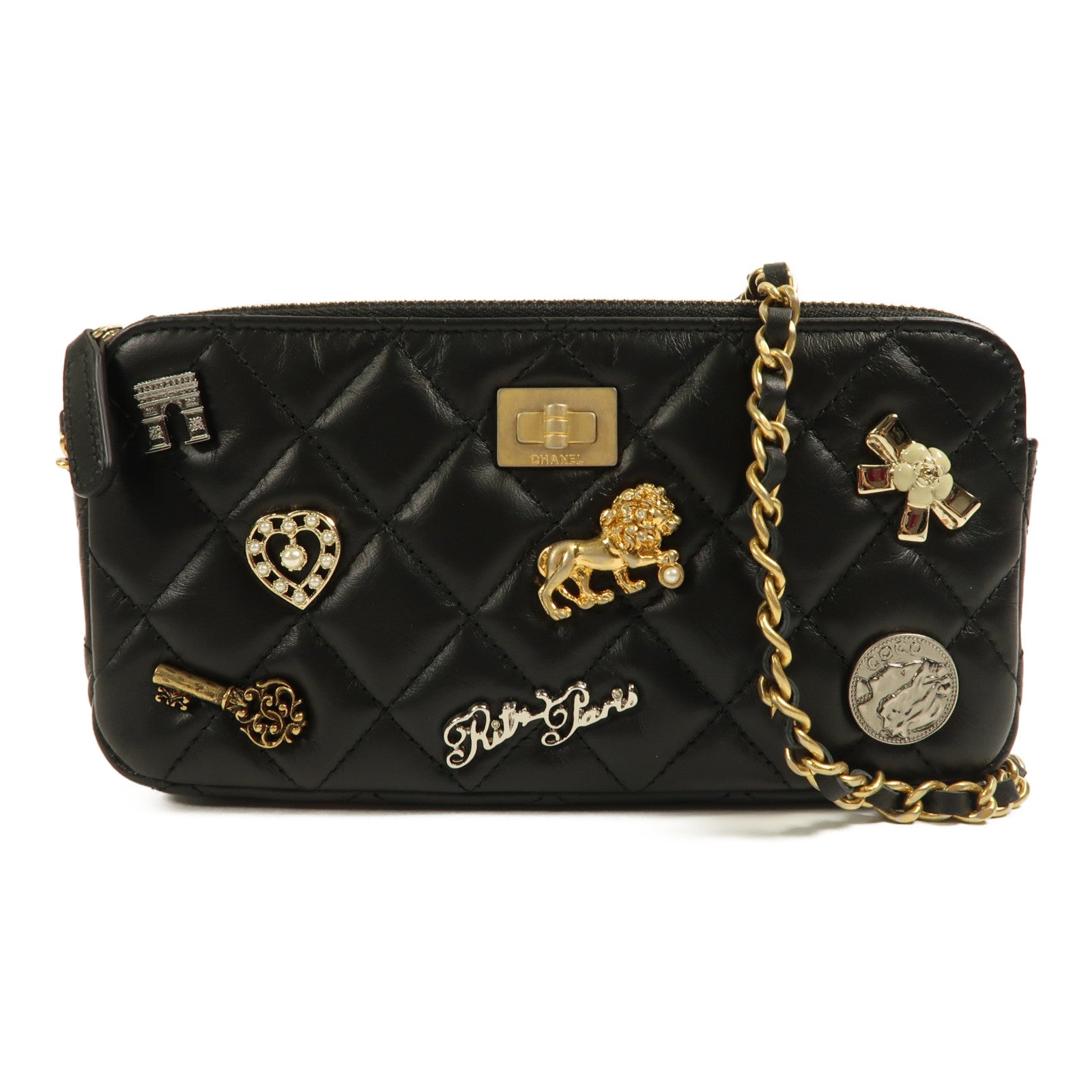 CHANEL 牛皮皮革Lucky Charm 2.55 Clutch with Chain金扣鏈帶肩背袋黑色