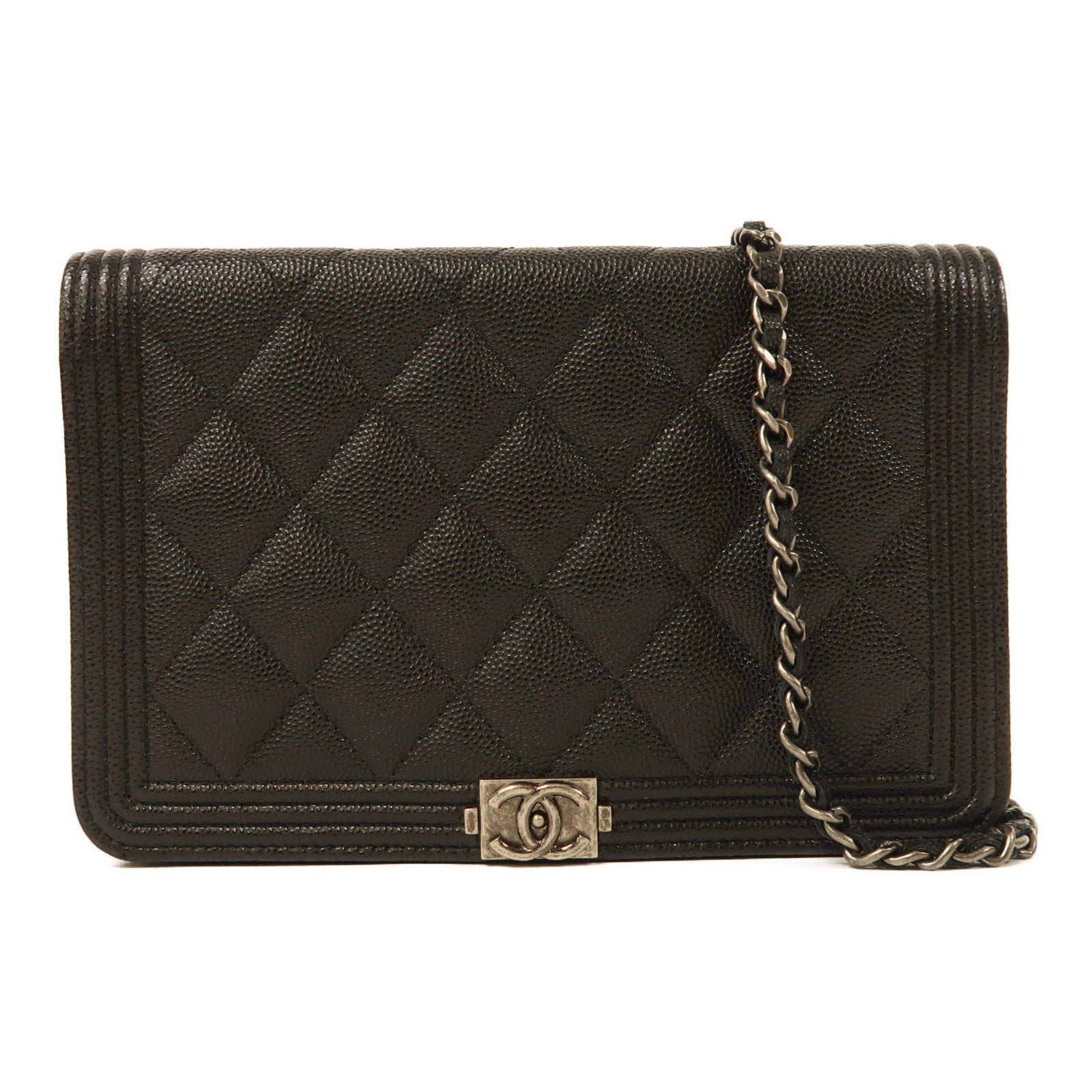 CHANEL 牛皮皮革Boy WOC Wallet On Chain銀扣鏈帶肩背袋黑色
