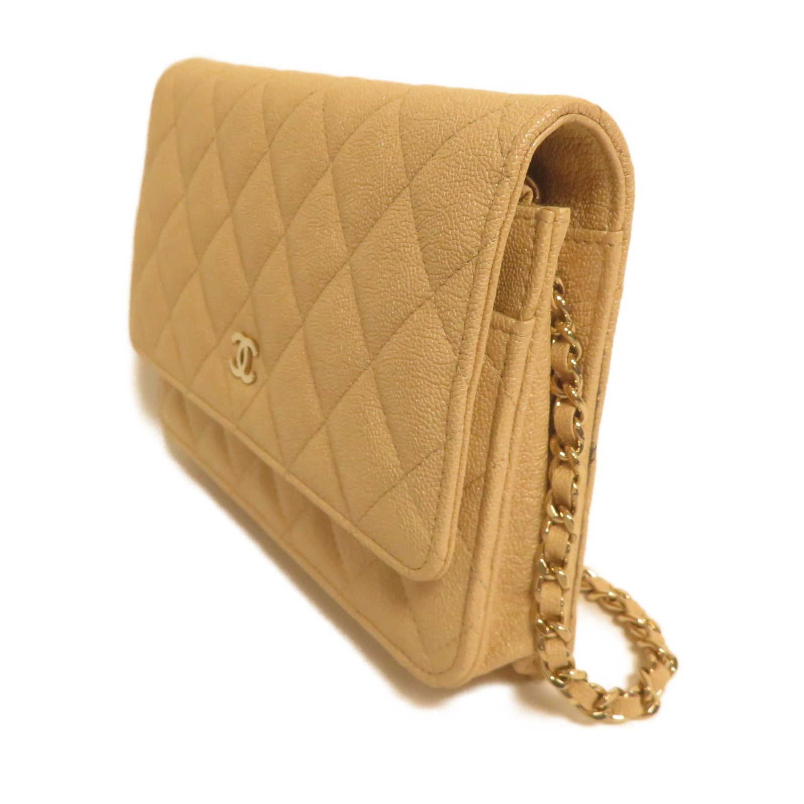 CHANEL 【激減優惠】菱格牛皮皮革Wallet On Chain金扣鏈帶肩背袋米色