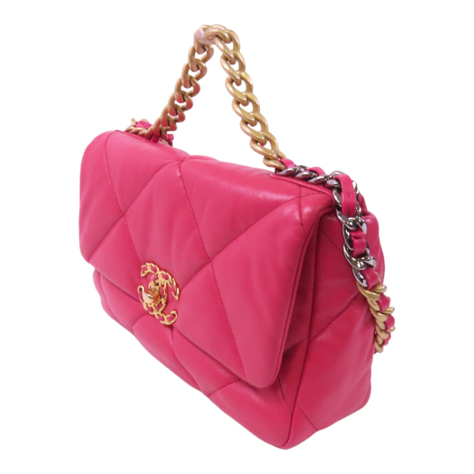 CHANEL 羊皮皮革C19金扣鏈帶手挽肩背兩用袋