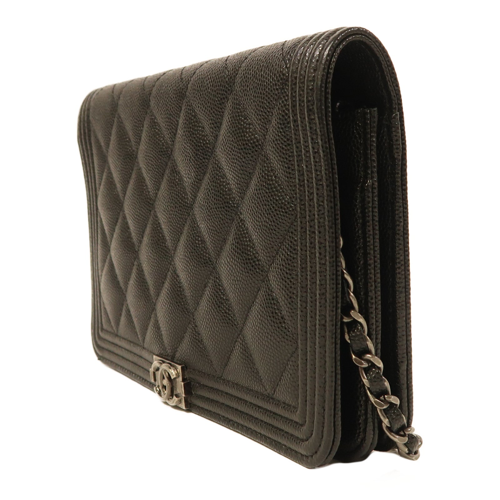 CHANEL 牛皮皮革Boy WOC Wallet On Chain銀扣鏈帶肩背袋黑色