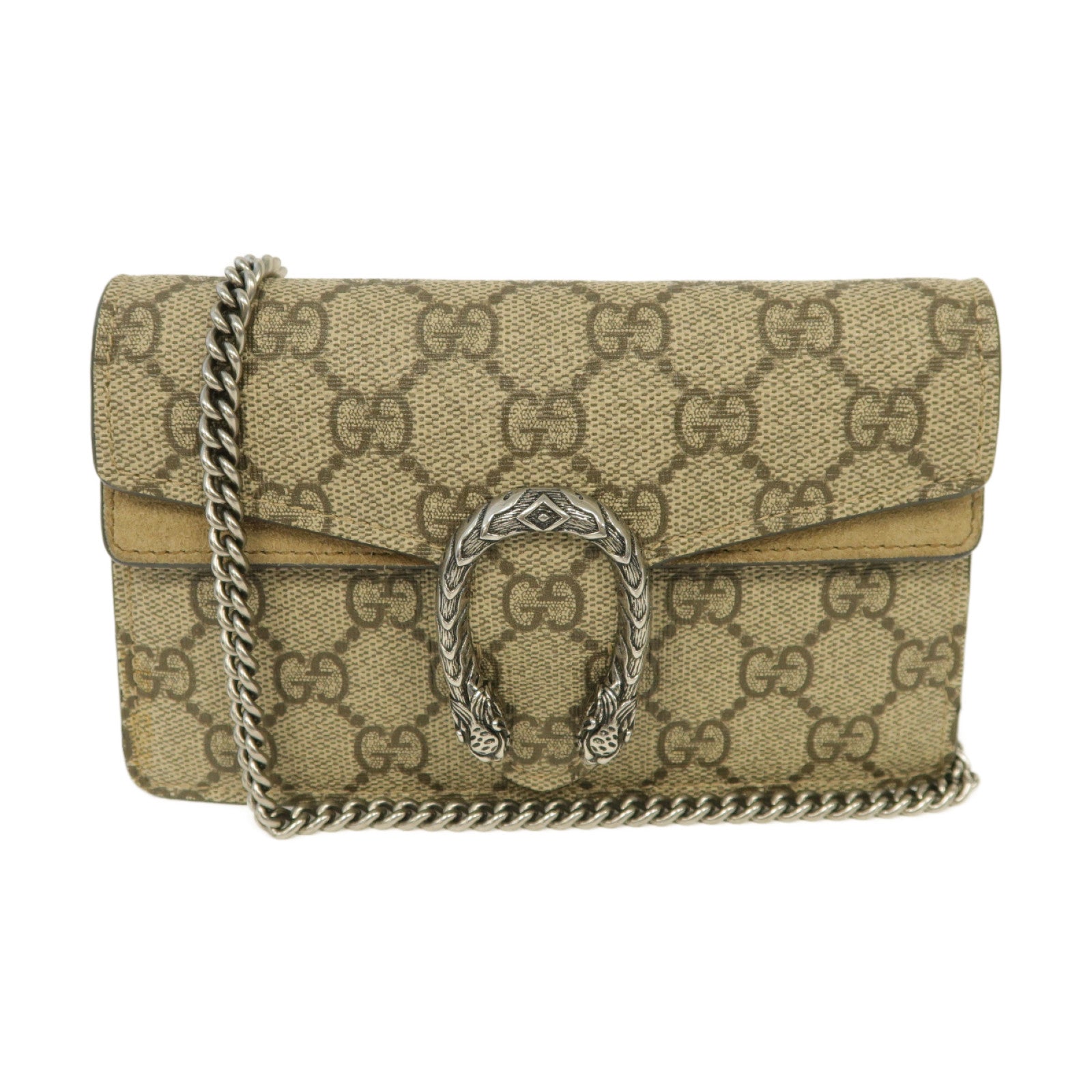 GUCCI 【激減優惠】塗層帆布Dionysus Ultra Mini銀扣鏈帶肩背袋棕色