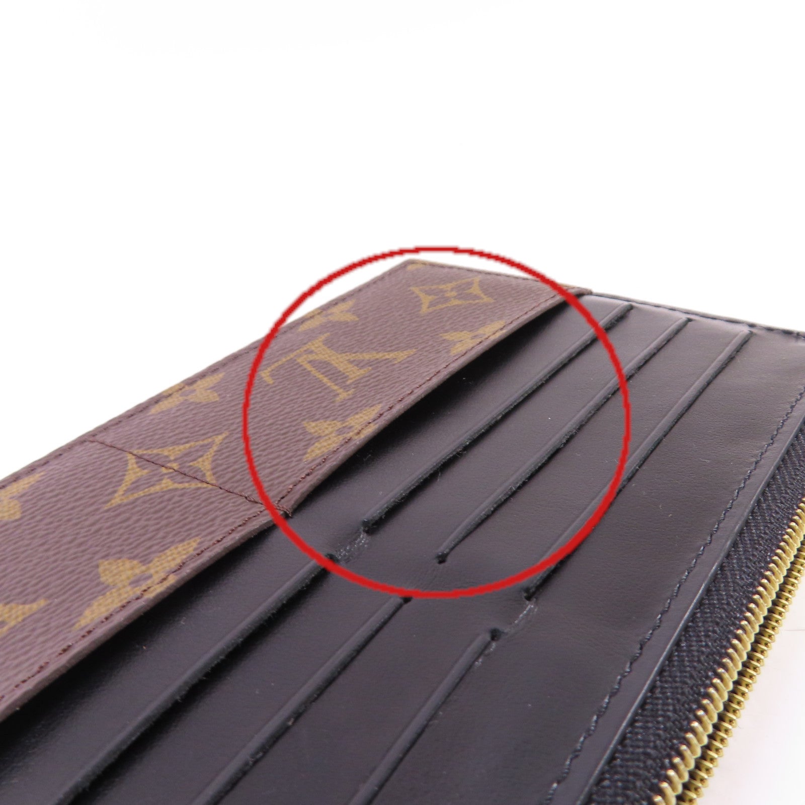 LOUIS VUITTON Monogram/牛皮皮革Slim Purse金扣拉鏈長錢包啡色/黑色