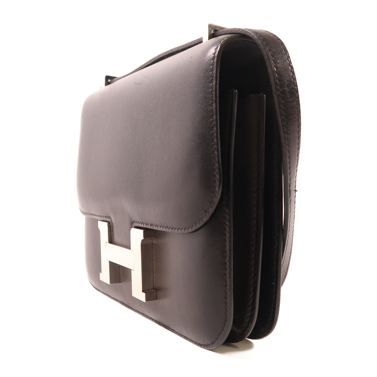 HERMES Evercalf皮革Constance Mini銀扣肩背袋Noir黑色