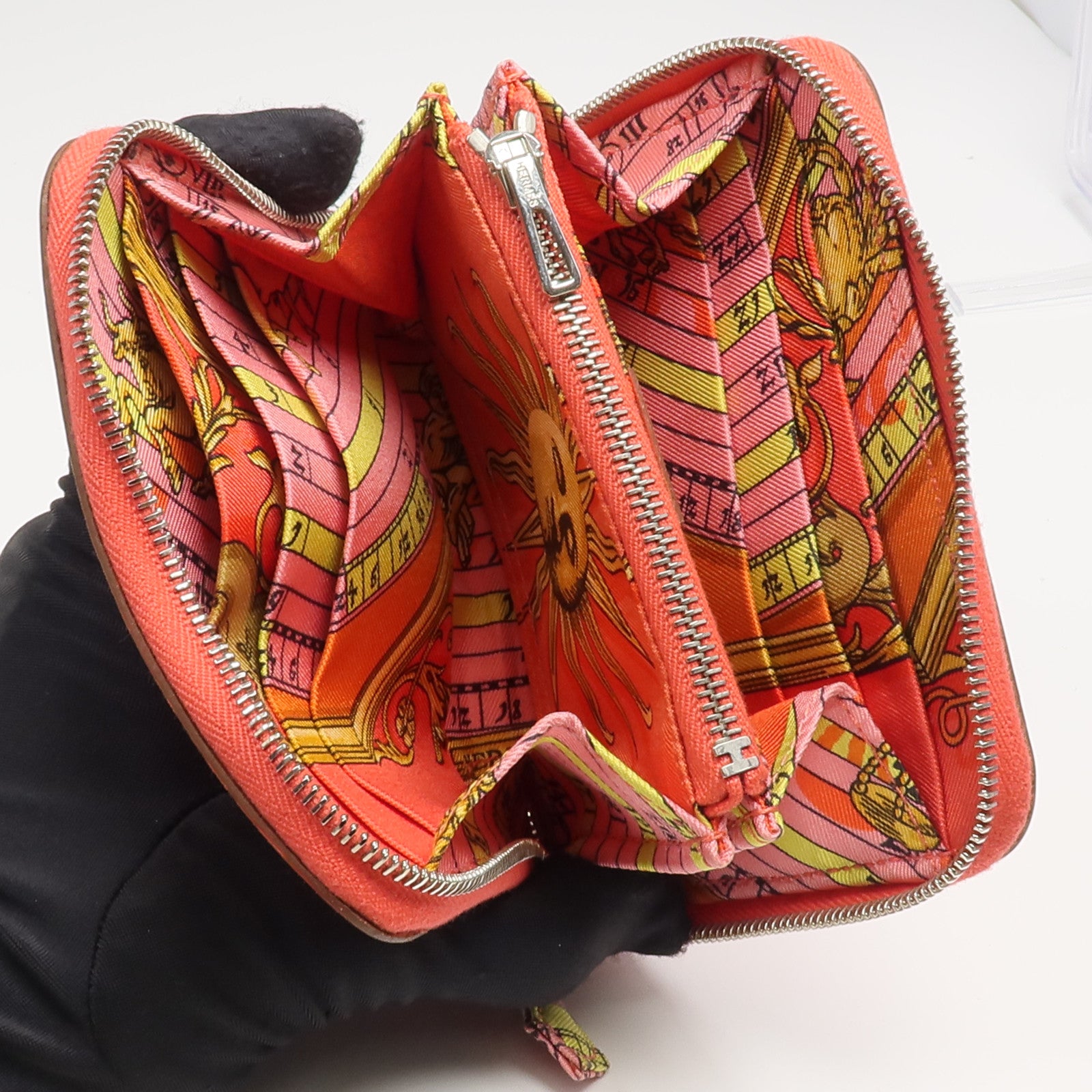 HERMES Epsom皮革/絲質Silk'In Compact Wallet錢包Rose Jaipur