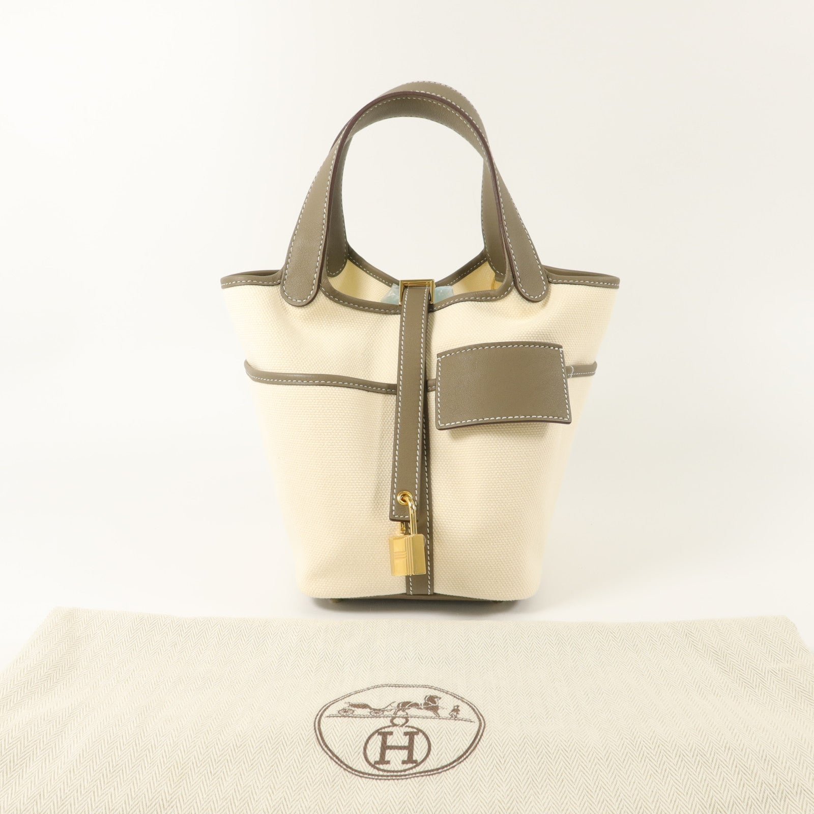 HERMES Toile帆布/Swift皮革Picotin Cargo PM手挽袋Etoupe