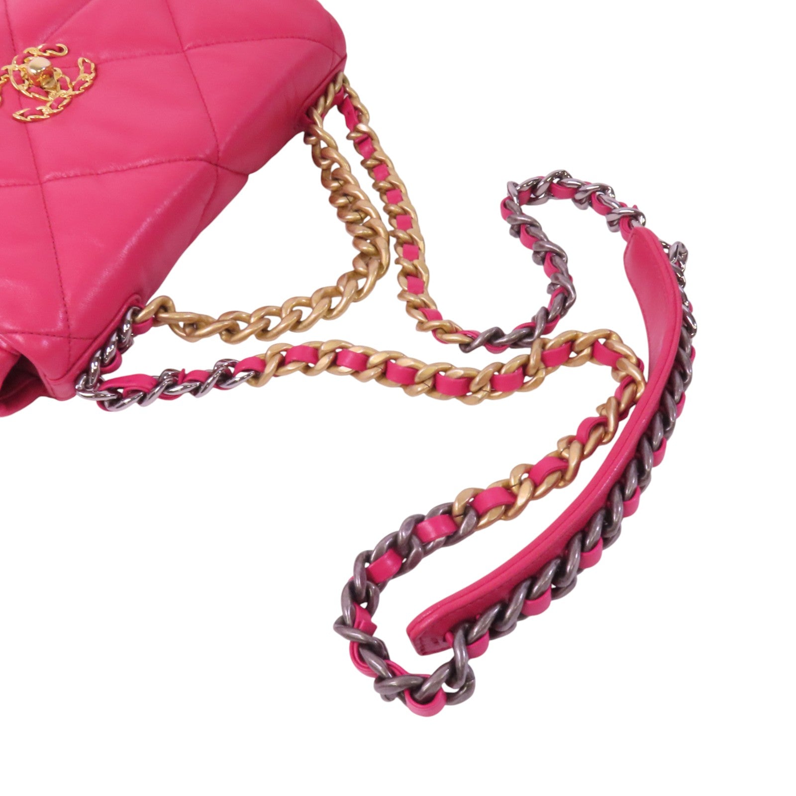 CHANEL 羊皮皮革C19金扣鏈帶手挽肩背兩用袋