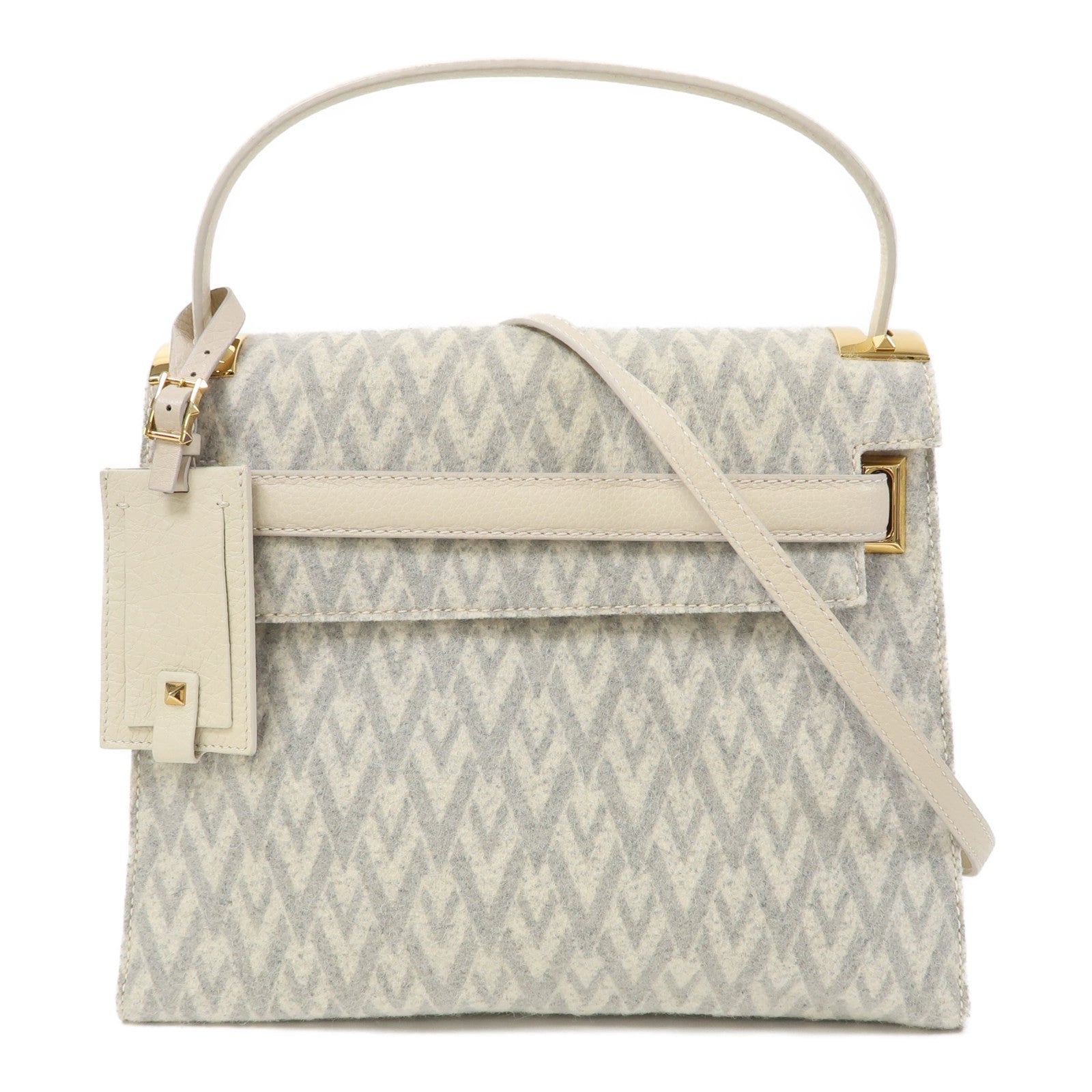 Valentino 【激減優惠】牛皮皮革/軟呢Shoulder Bag金扣手挽肩背兩用袋灰色/白色