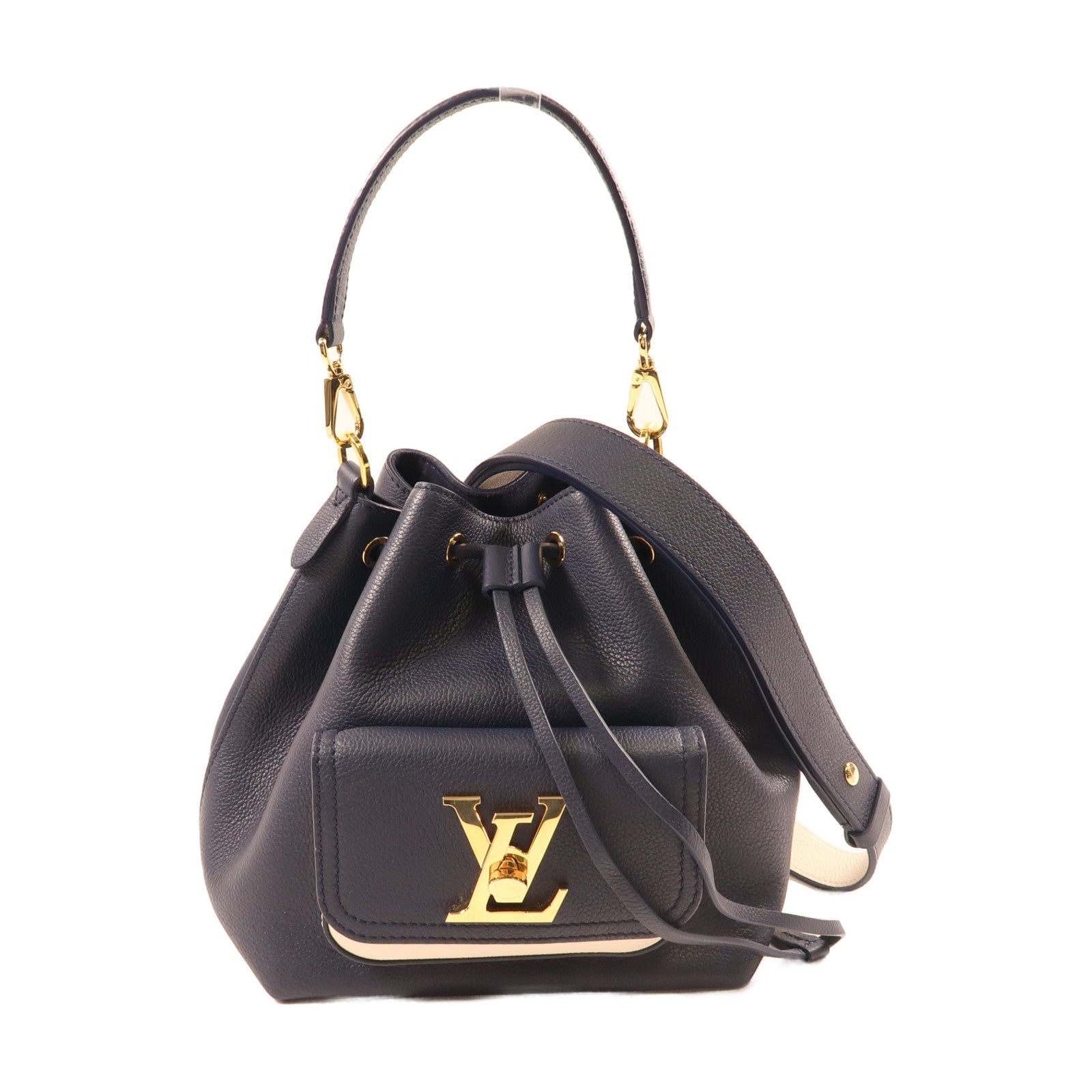 LOUIS VUITTON 牛皮皮革Lock Me金扣手挽肩背兩用袋深藍色/白色