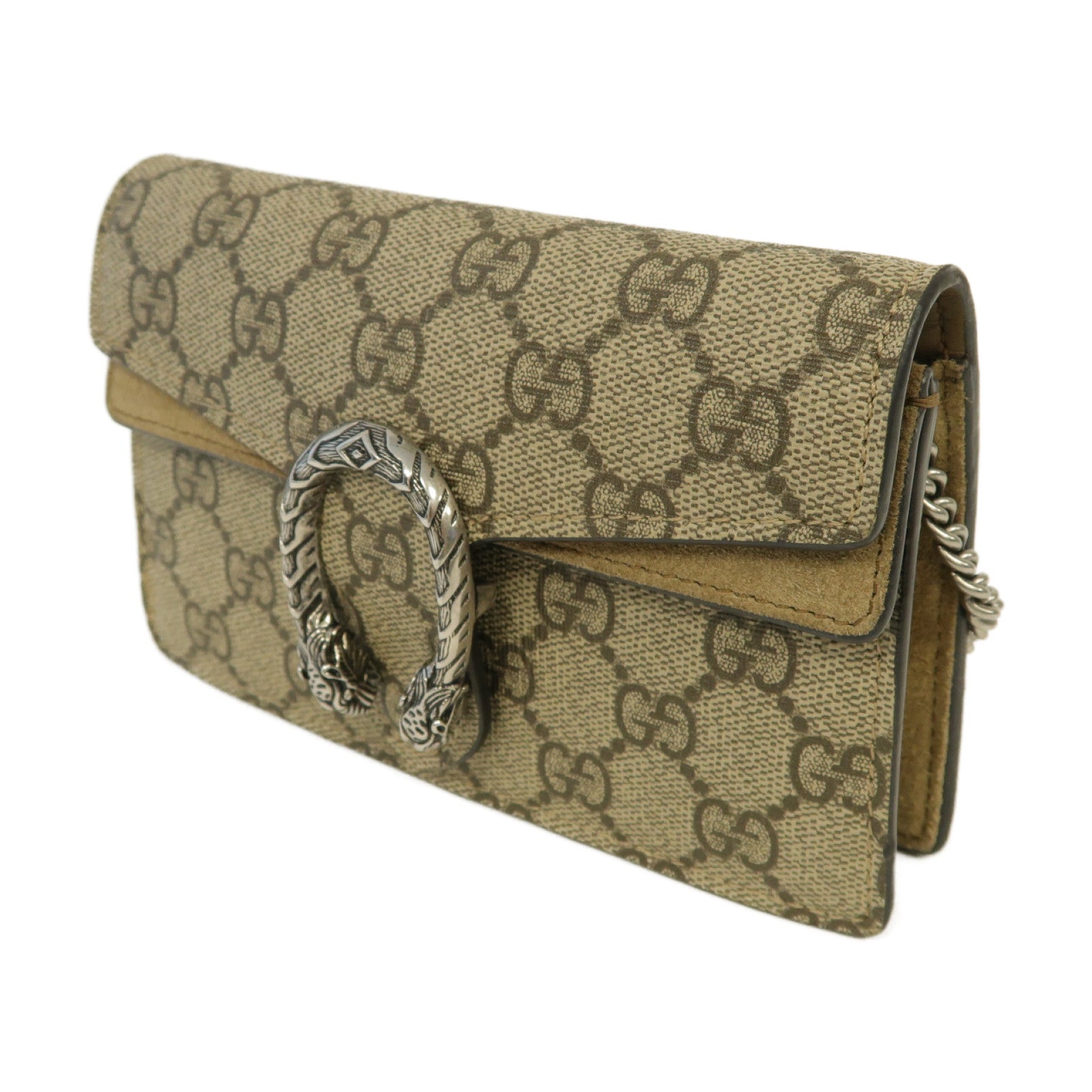 GUCCI 【激減優惠】塗層帆布Dionysus Ultra Mini銀扣鏈帶肩背袋棕色