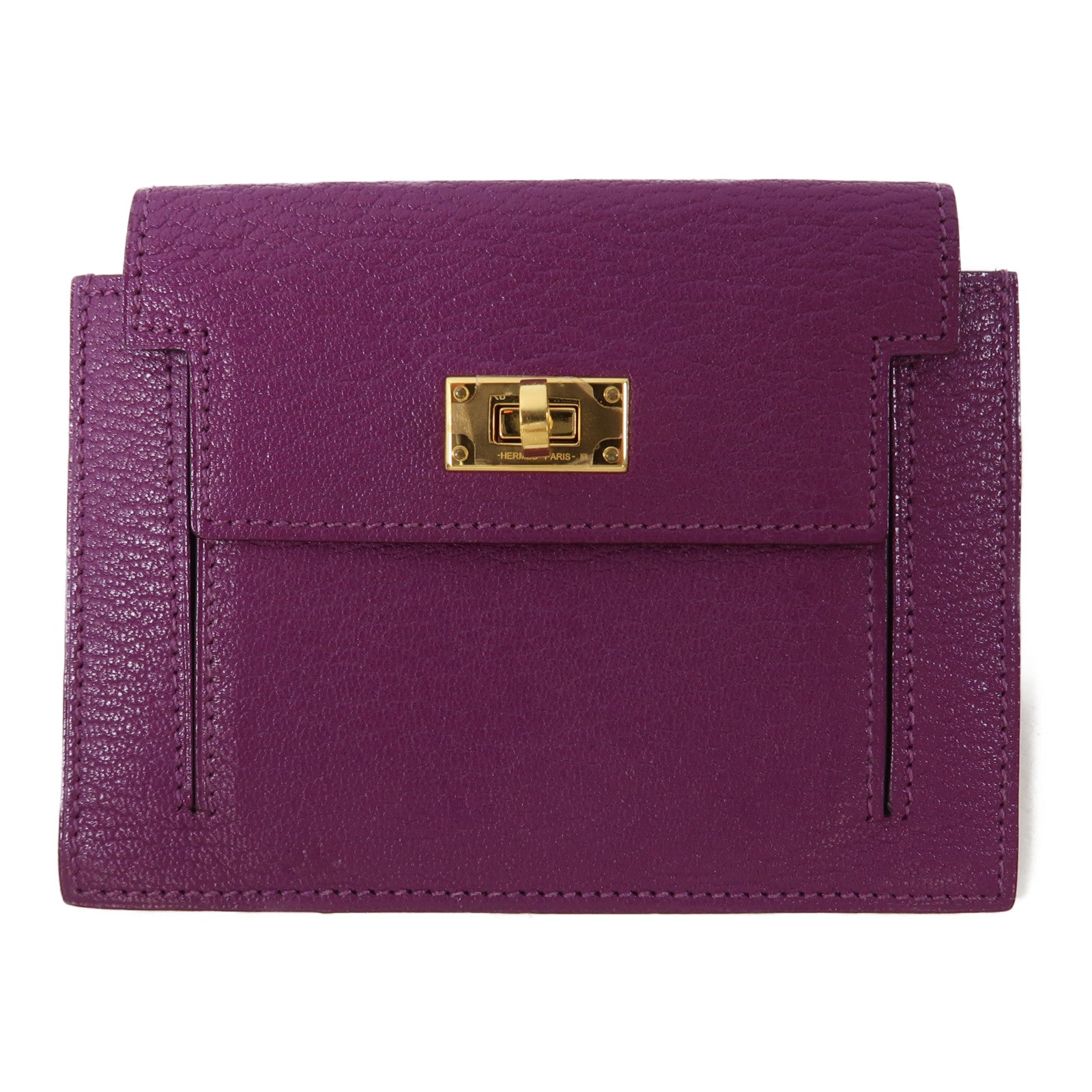 HERMES 【激減優惠】Chevre皮革Kelly Pocket金扣錢包L3 Rose Purple桃紫色