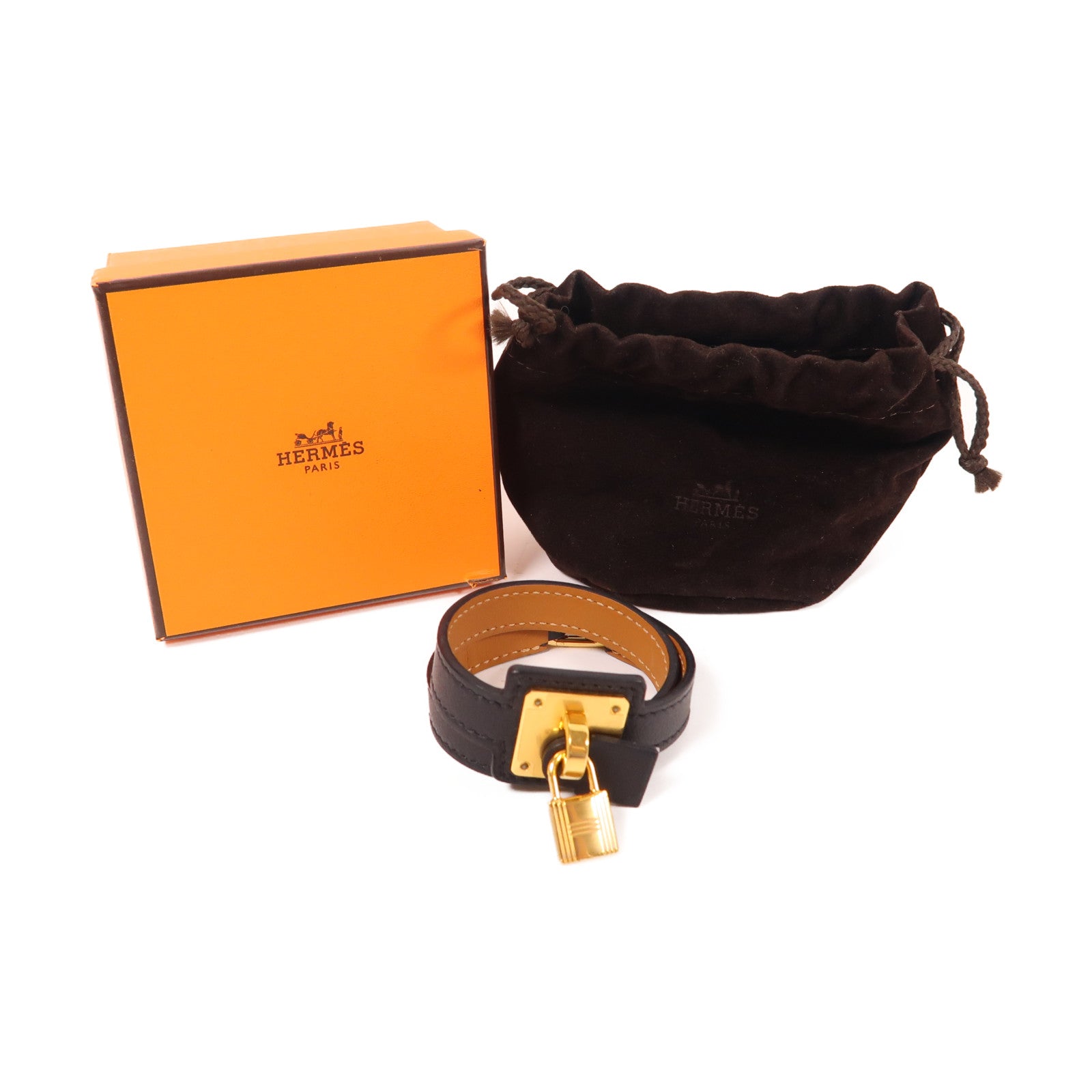 HERMES 皮革O'kelly Bracelet金扣手鐲Noir