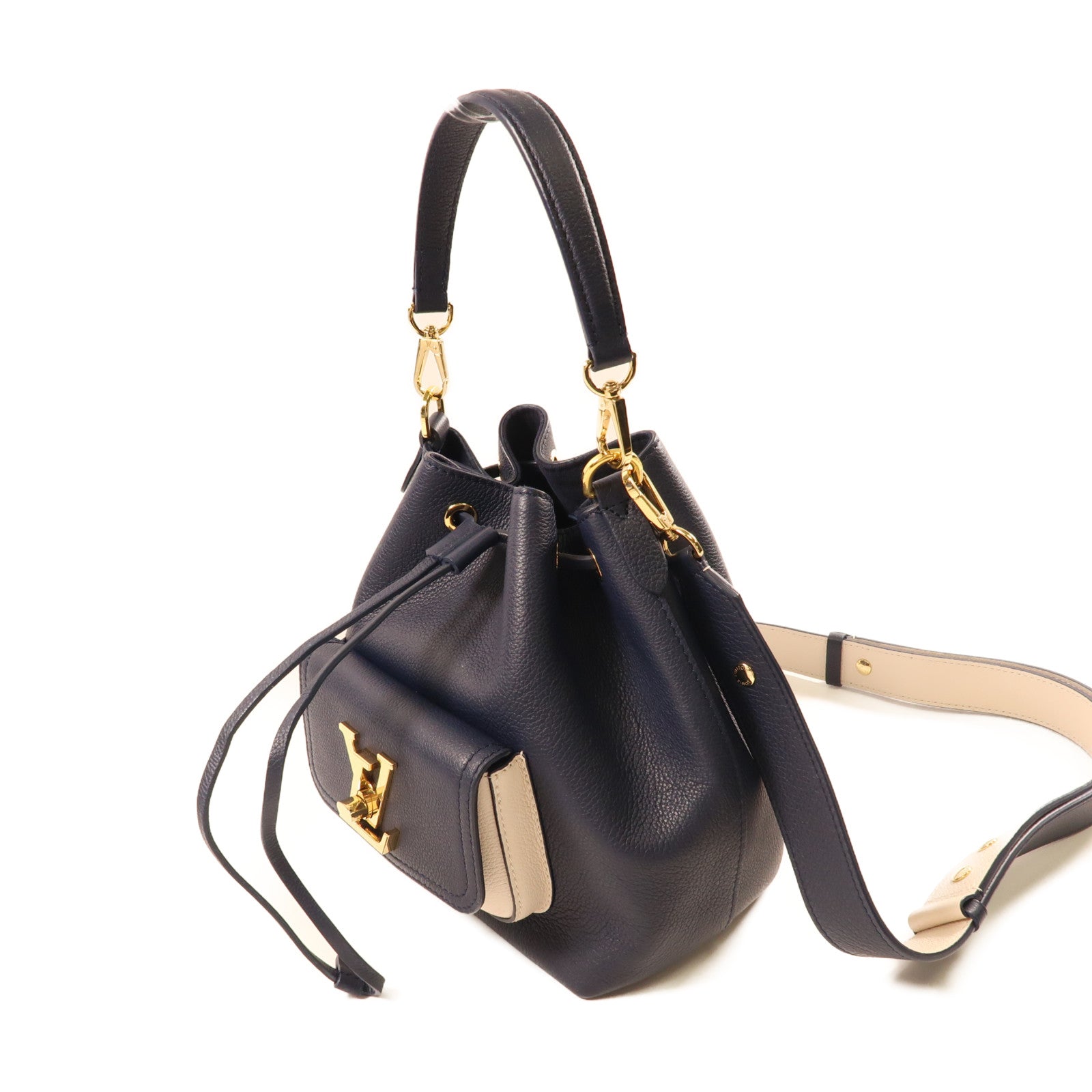 LOUIS VUITTON 牛皮皮革Lock Me金扣手挽肩背兩用袋深藍色/白色