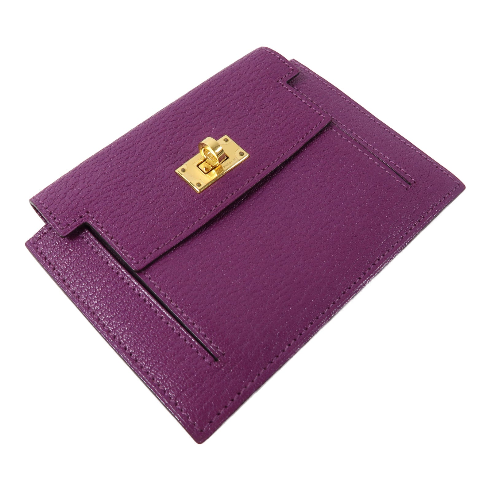 HERMES 【激減優惠】Chevre皮革Kelly Pocket金扣錢包L3 Rose Purple桃紫色