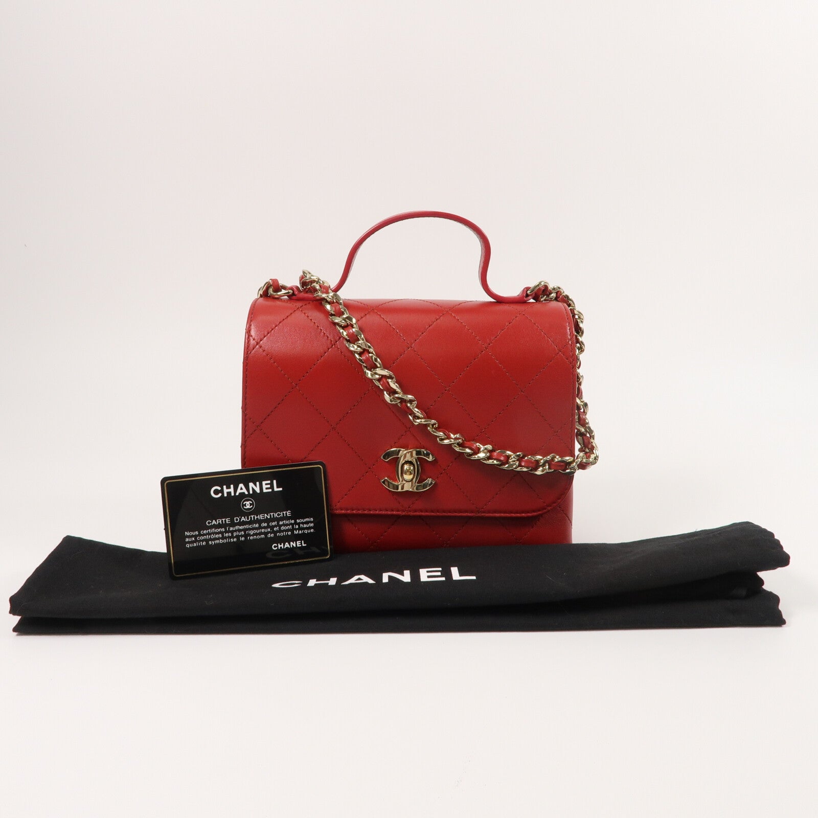 CHANEL 牛皮皮革Double Pocket Top Handle鏈帶手挽肩背兩用袋