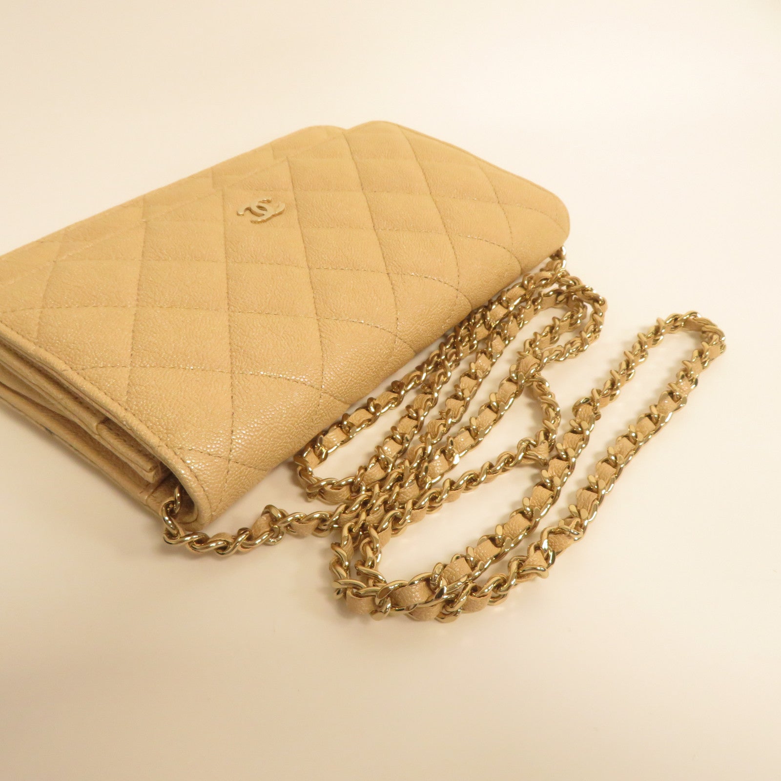 CHANEL 【激減優惠】菱格牛皮皮革Wallet On Chain金扣鏈帶肩背袋米色