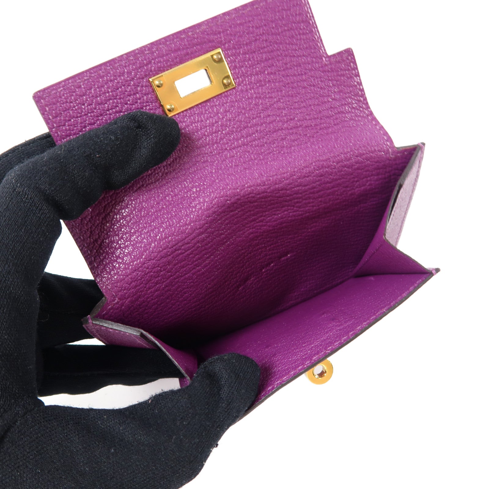 HERMES 【激減優惠】Chevre皮革Kelly Pocket金扣錢包L3 Rose Purple桃紫色