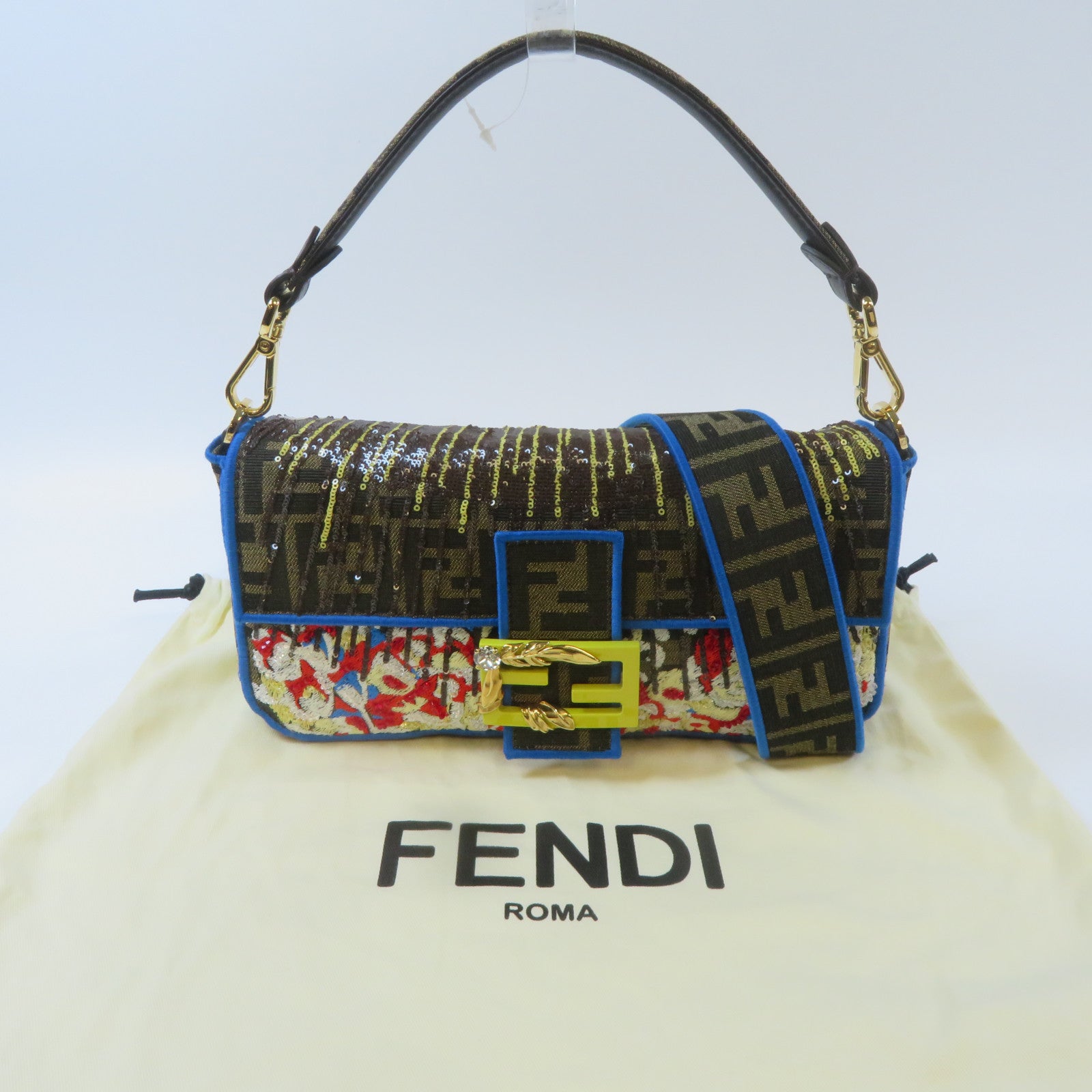 FENDI 【激減優惠】帆布Shoulder Bag金扣手挽肩背兩用袋啡色/黃色/紅色