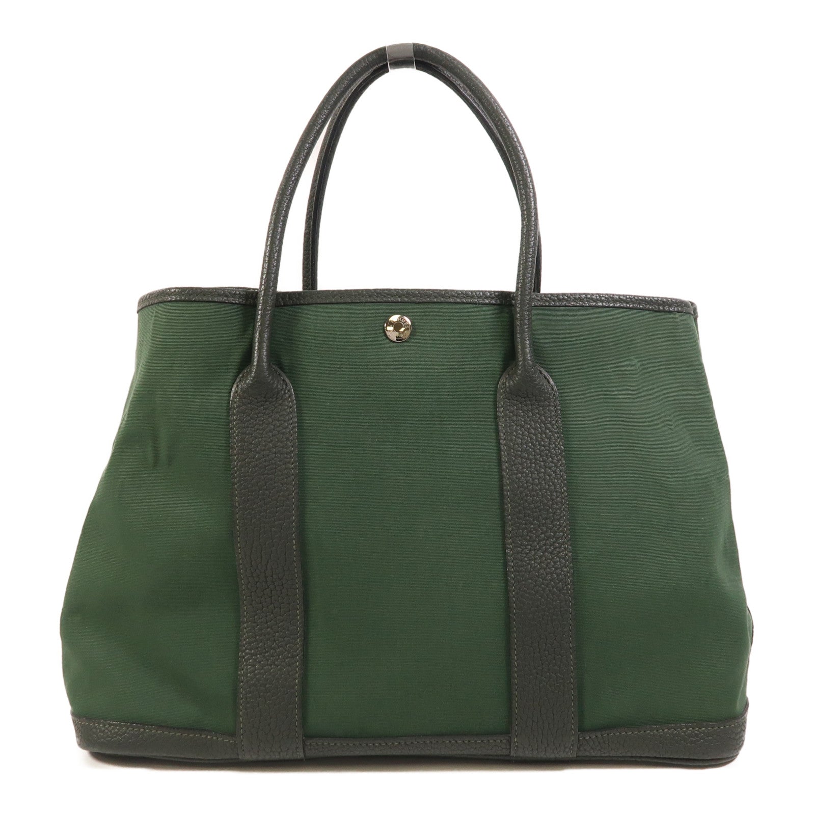HERMES 帆布Garden Party PM銀扣手挽袋Vert Anglais