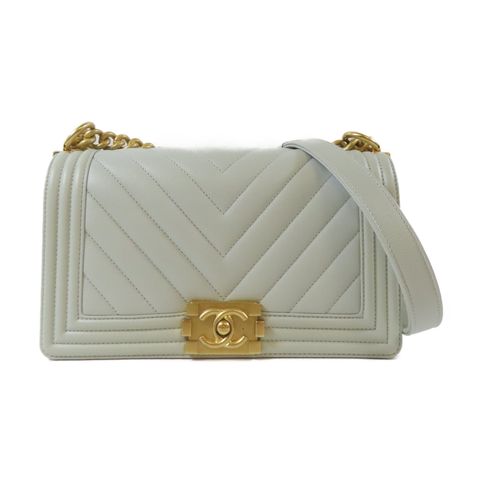 CHANEL 【激減優惠】斜紋Caviar皮革Boy金扣肩背袋灰色
