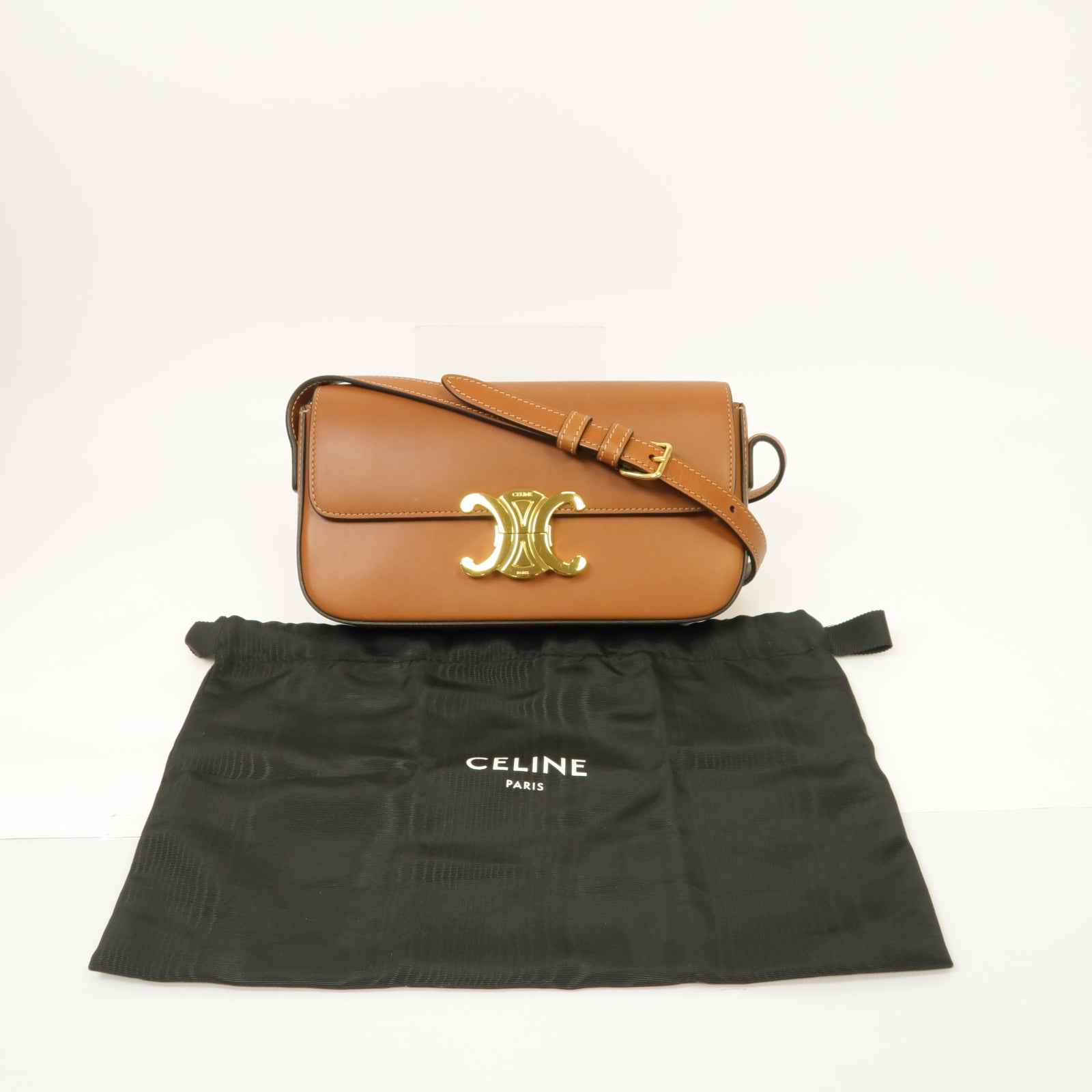 CELINE 牛皮皮革Claude金扣肩背袋棕色
