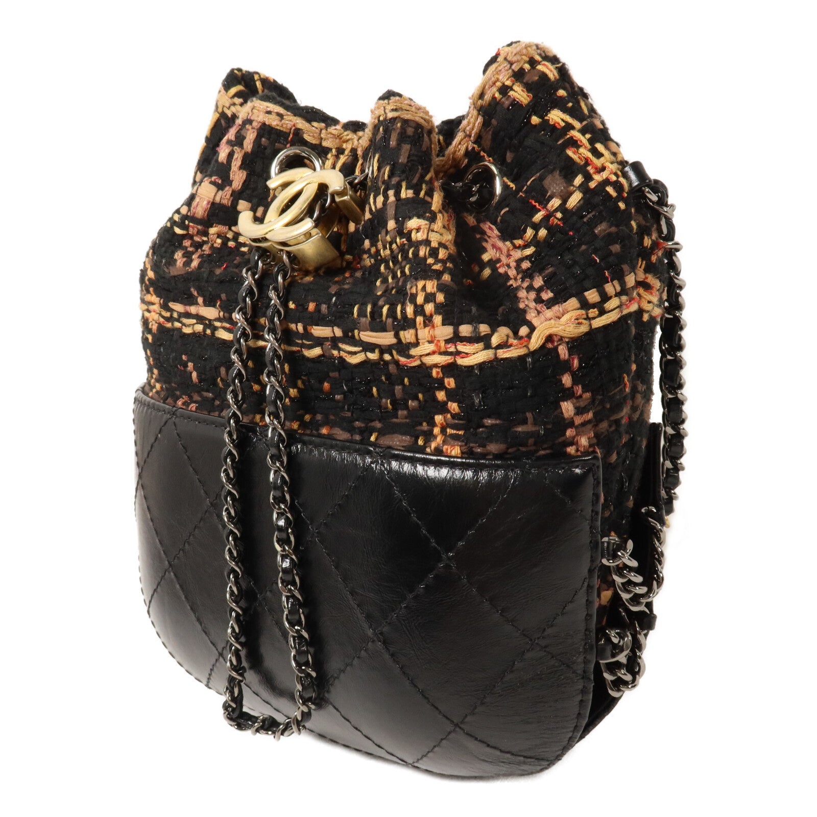 CHANEL Tweed/牛皮皮革Small Gabrielle鏈帶肩背袋