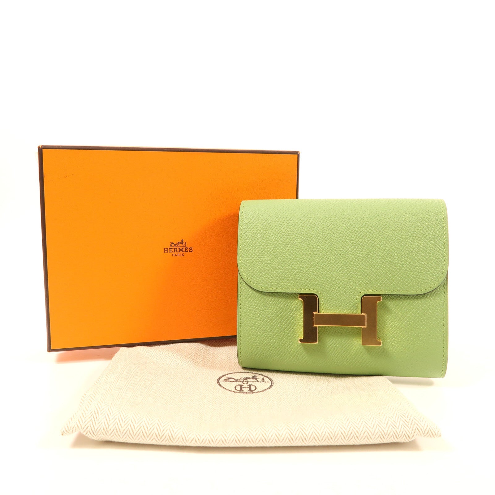 HERMES Epsom皮革Constance Slim金扣錢包Vert Criquet