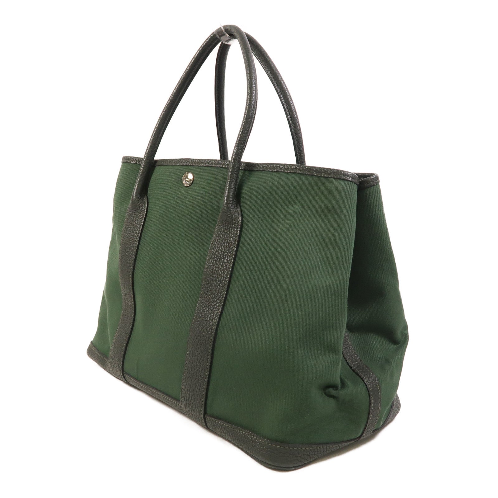 HERMES 帆布Garden Party PM銀扣手挽袋Vert Anglais