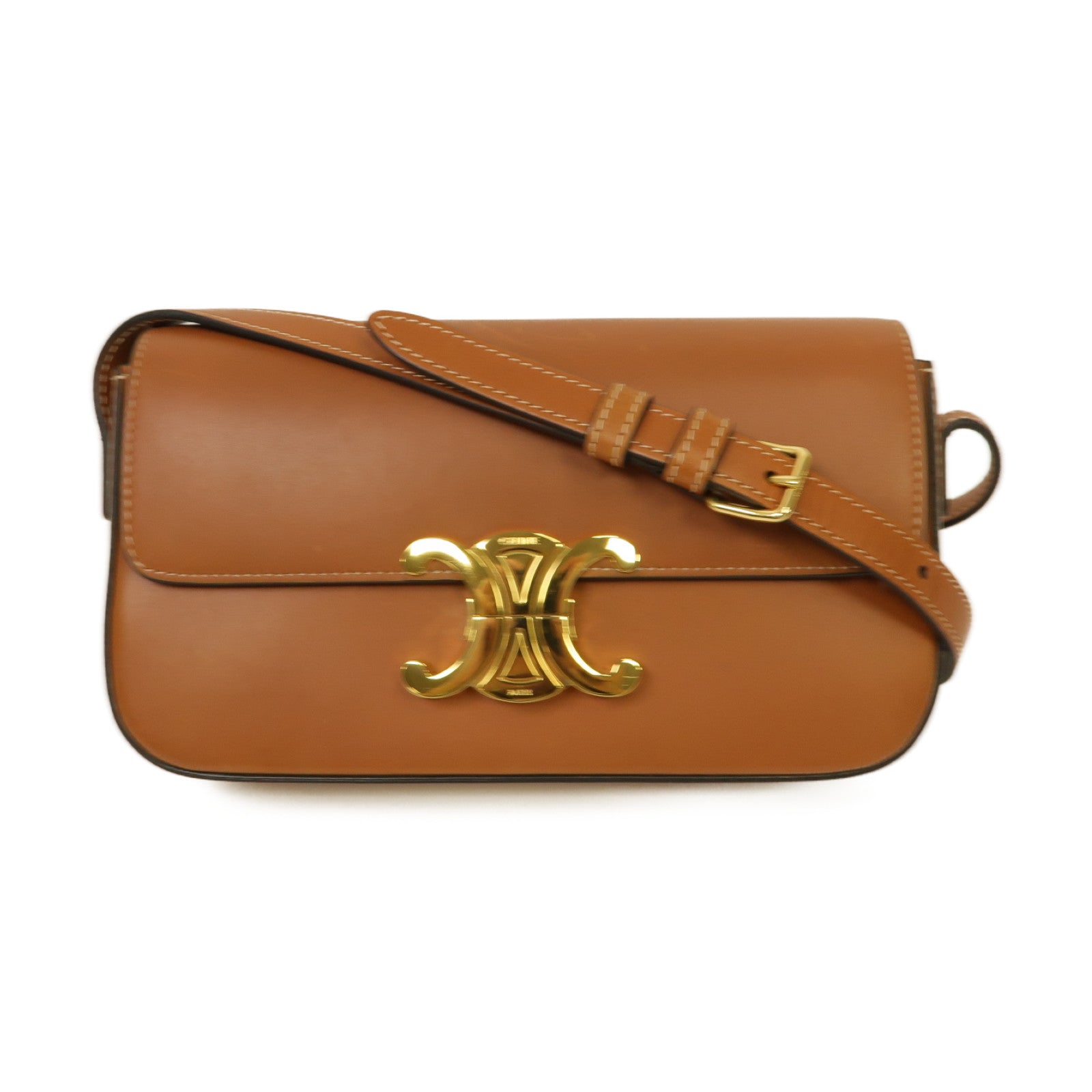 CELINE 牛皮皮革Claude金扣肩背袋棕色