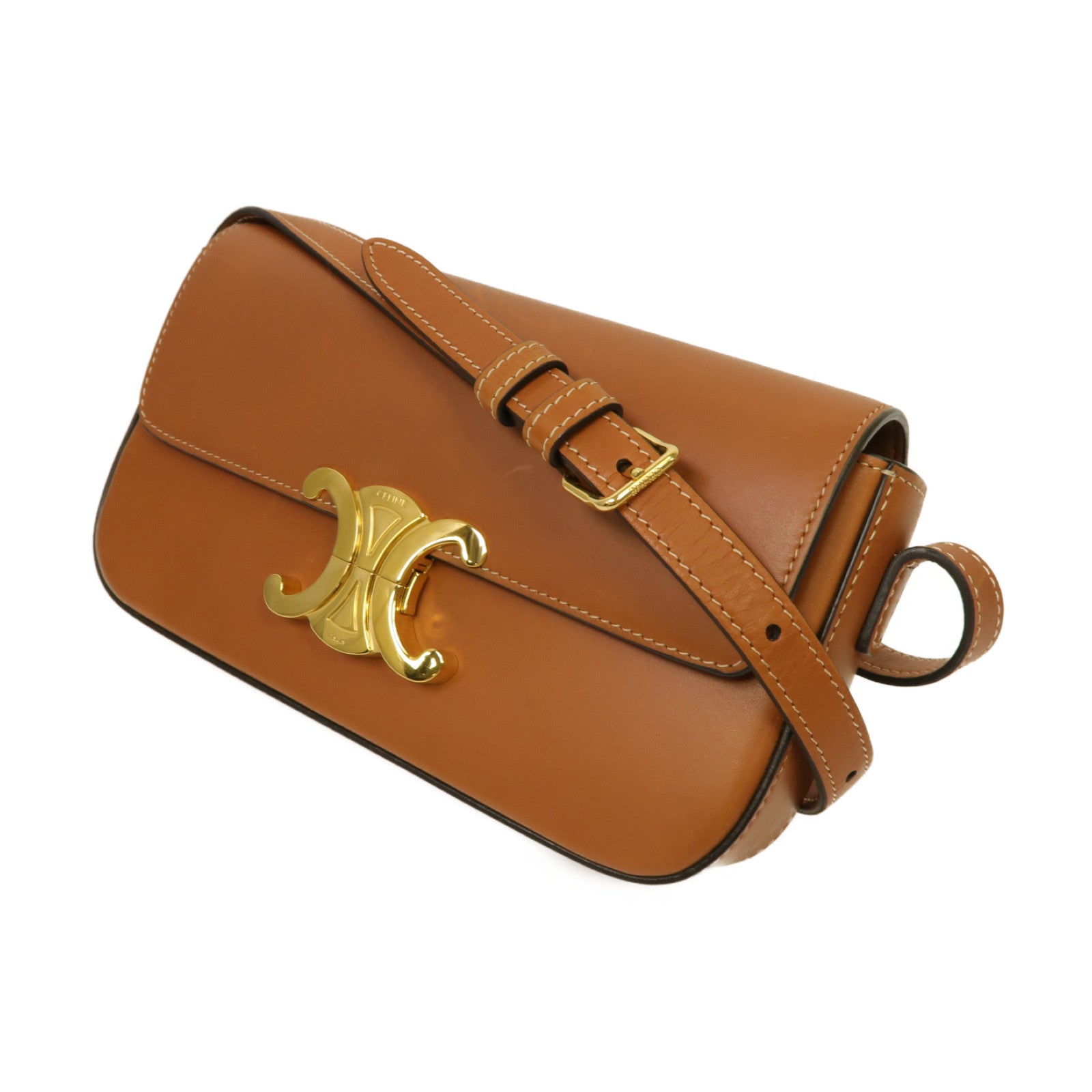 CELINE 牛皮皮革Claude金扣肩背袋棕色