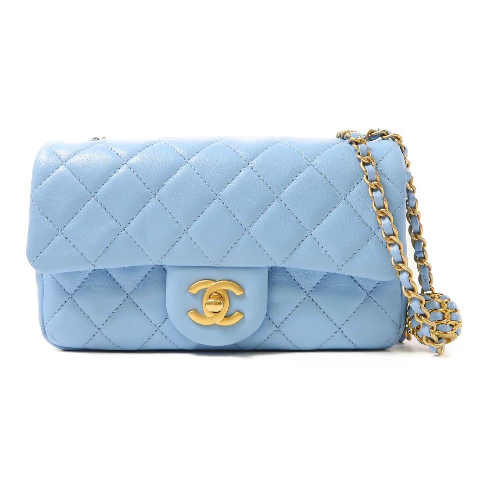 CHANEL 菱格羊皮皮革Chain Shoulder金扣鏈帶肩背袋淺藍色