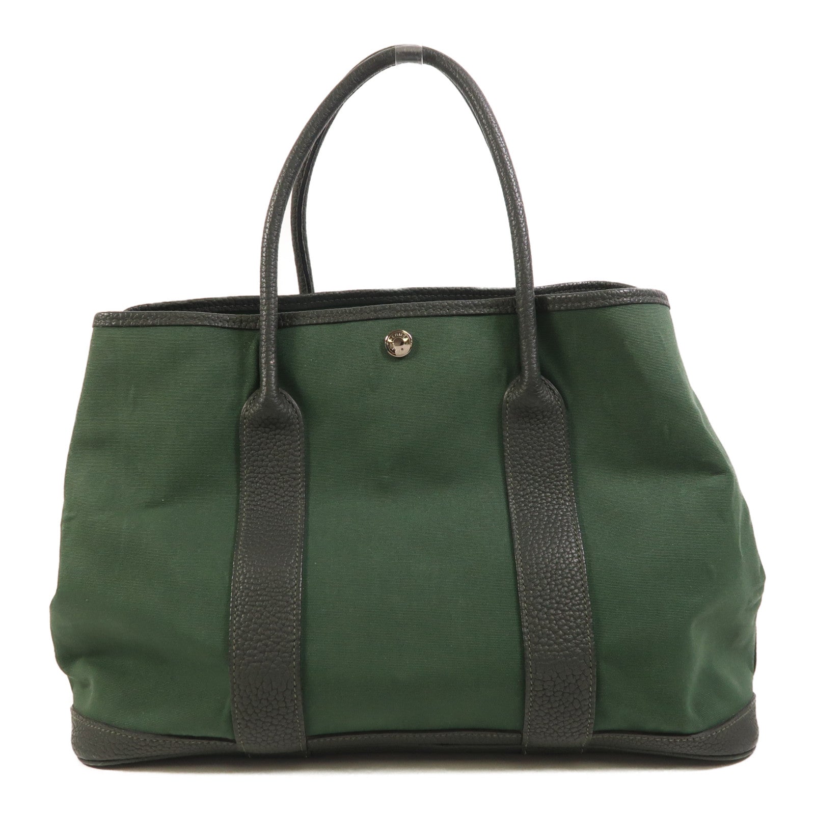 HERMES 帆布Garden Party PM銀扣手挽袋Vert Anglais