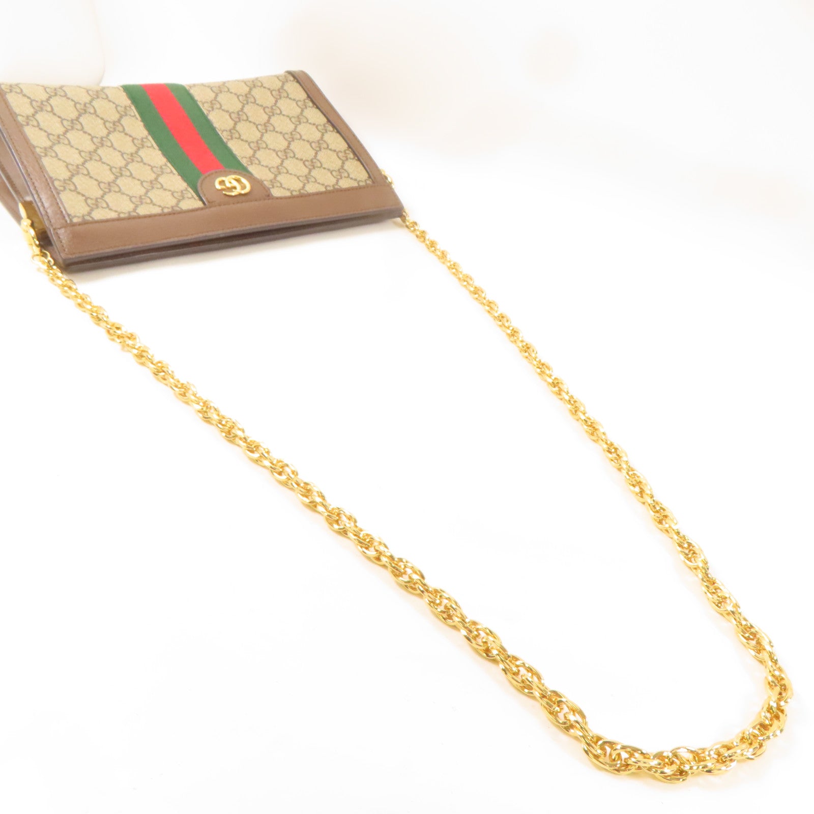 GUCCI 【激減優惠】塗層帆布GG Supreme Ophidia金扣鏈帶肩背袋啡色