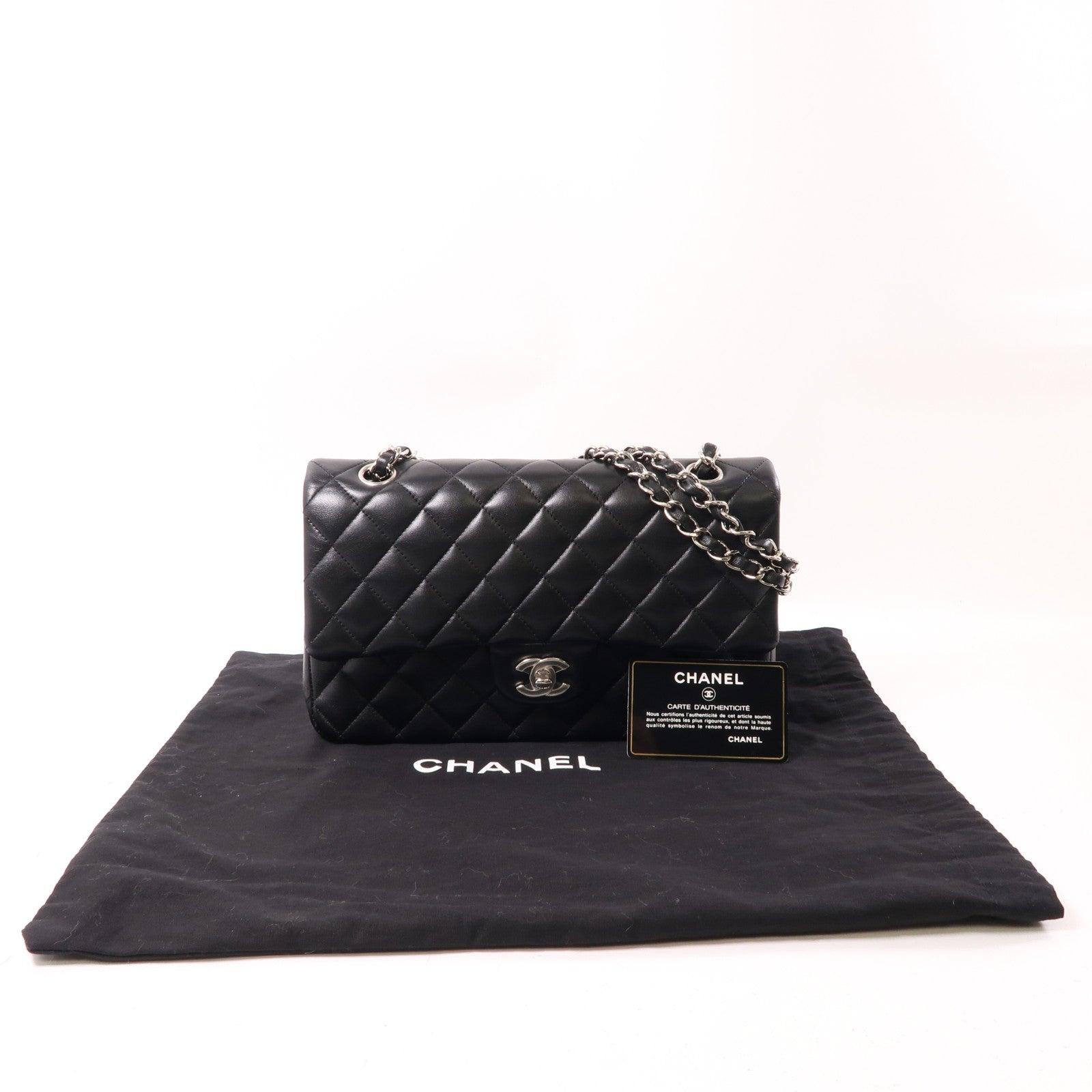 CHANEL 羊皮皮革Classic 25銀扣鏈帶肩背袋黑色
