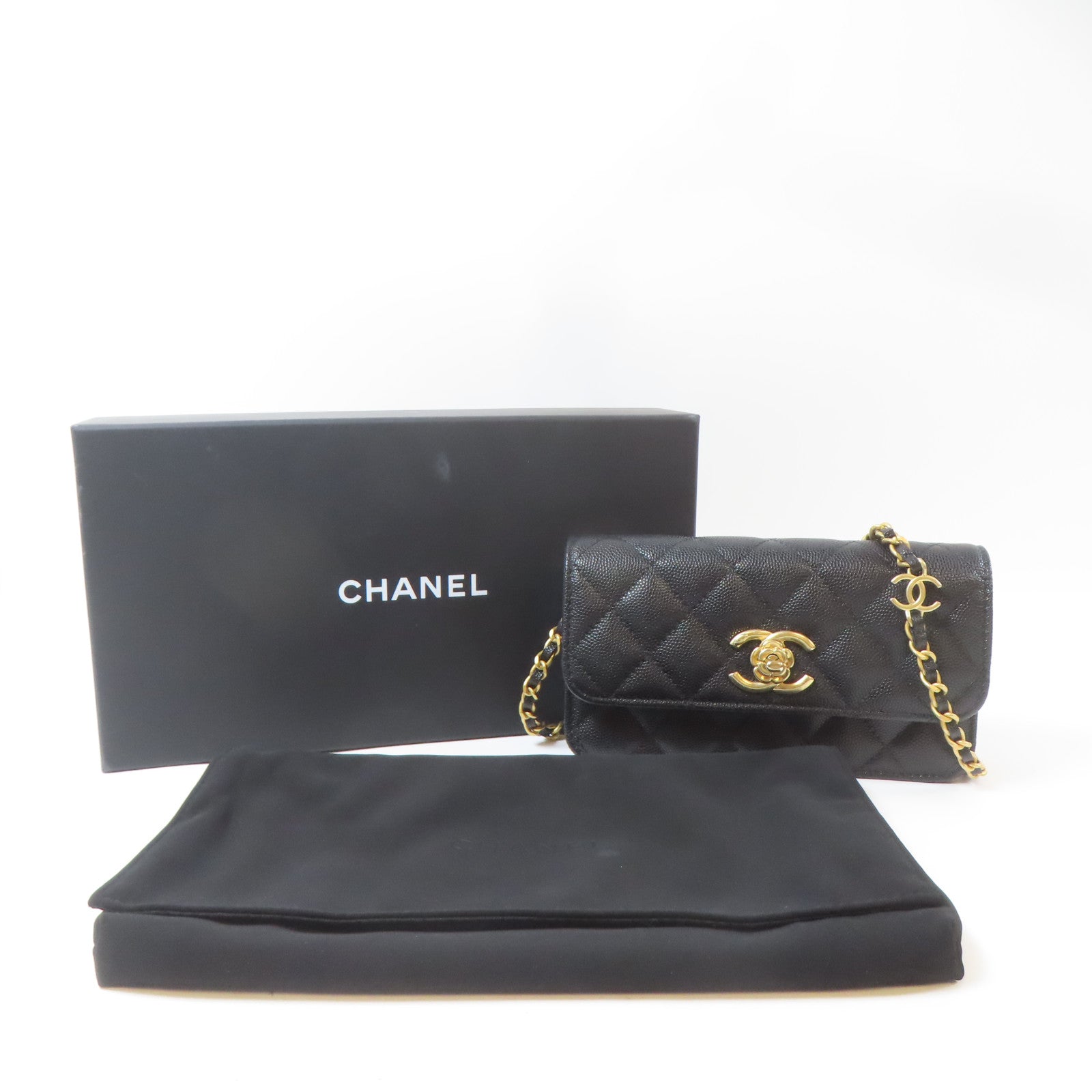 CHANEL 菱格Caviar皮革Chain Shoulder Bag金扣鏈帶肩背袋黑色