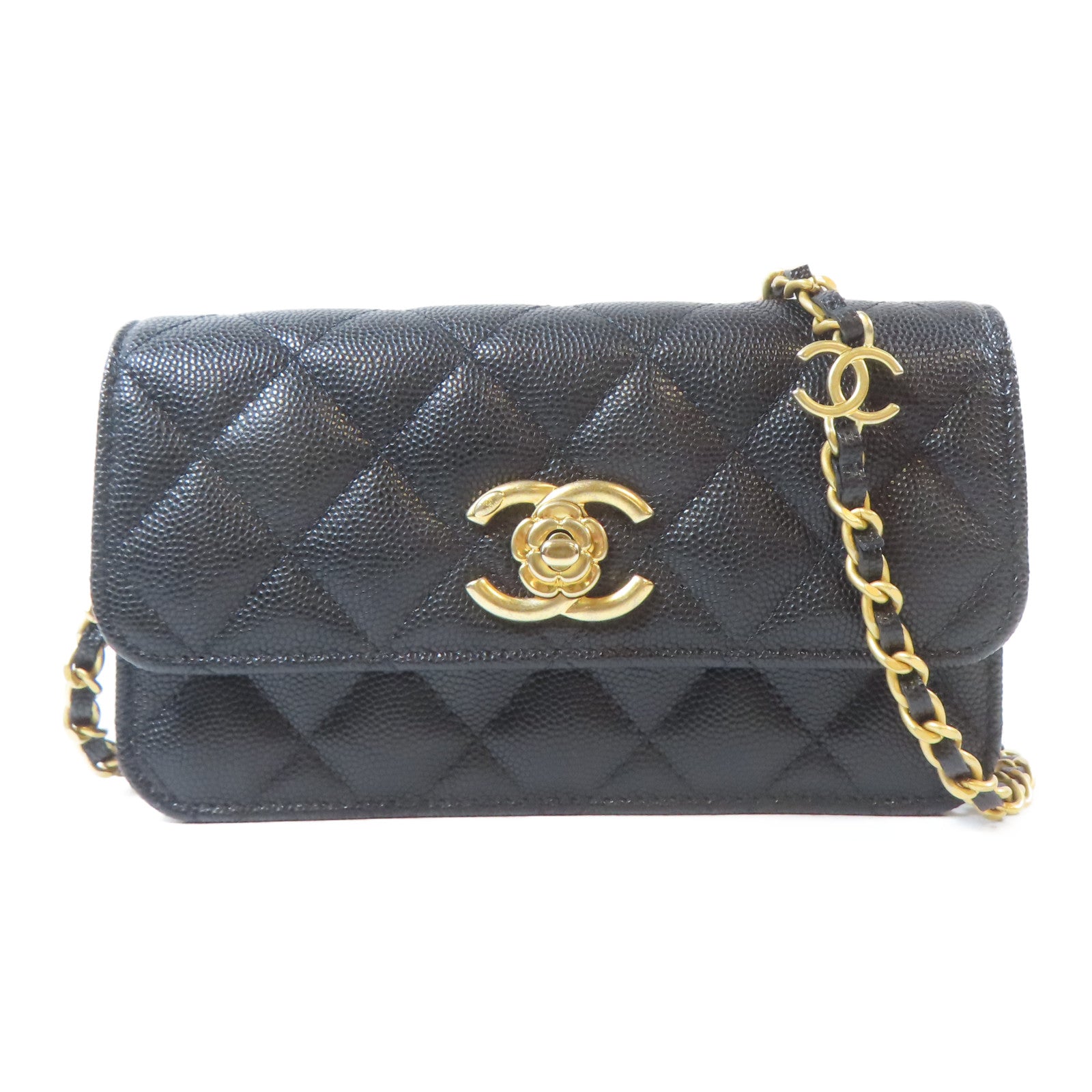 CHANEL 菱格Caviar皮革Chain Shoulder Bag金扣鏈帶肩背袋黑色