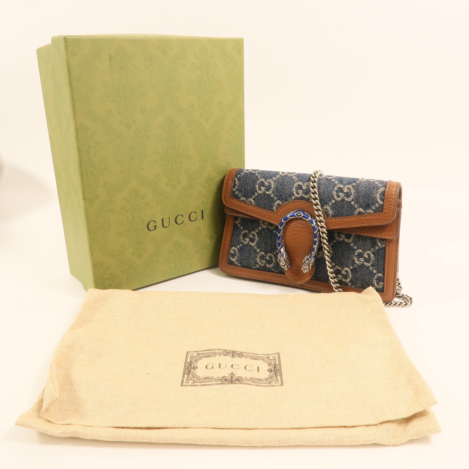 GUCCI 牛仔布Dionysus Wallet On Chain銀扣鏈帶肩背袋