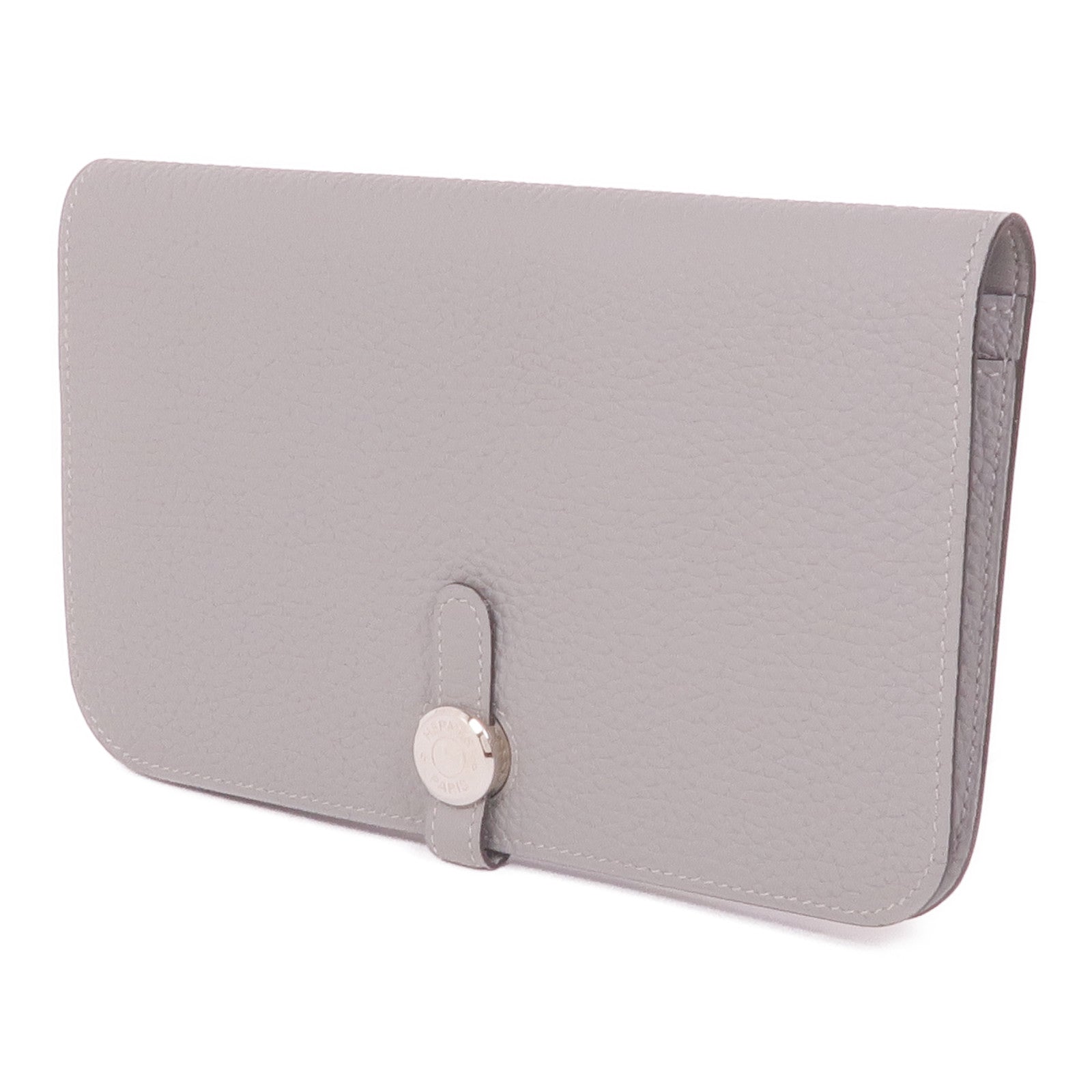 HERMES Clemence皮革Dogon GM銀扣長錢包Gris Mouette