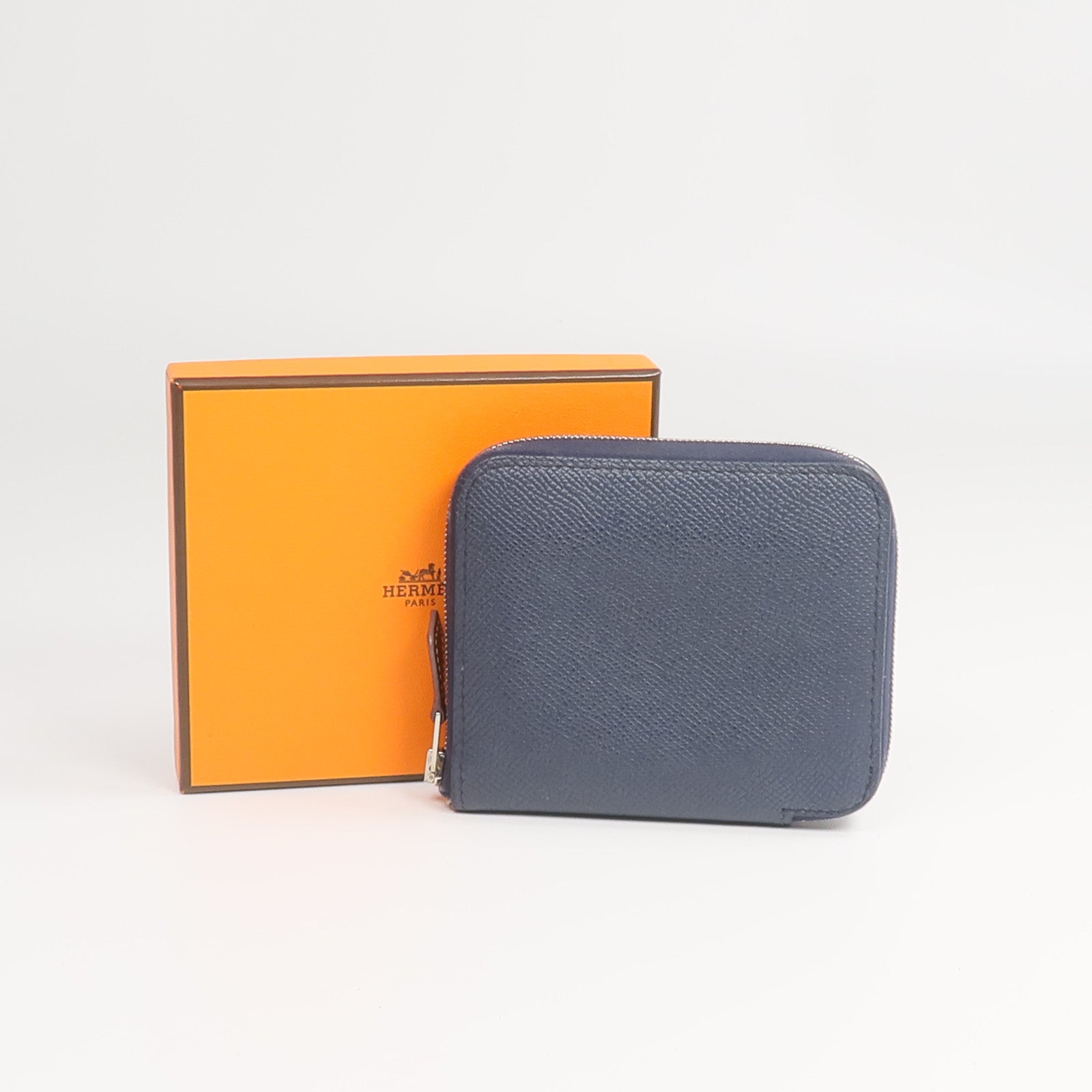 HERMES Epsom皮革/絲質Silk'In Compact Wallet錢包Bleu Indigo