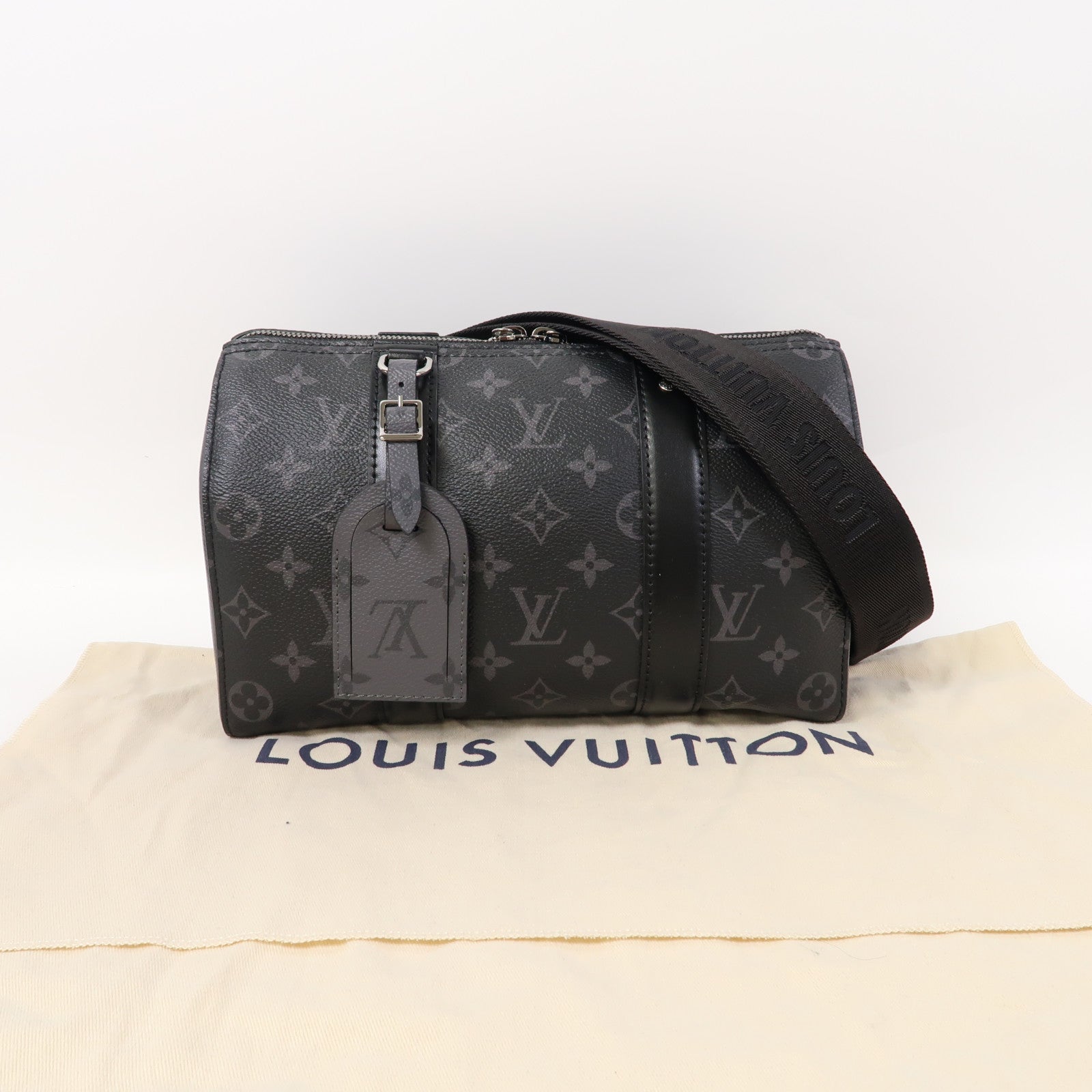 LOUIS VUITTON Monogram Eclipse City keepall肩背袋黑色/灰色