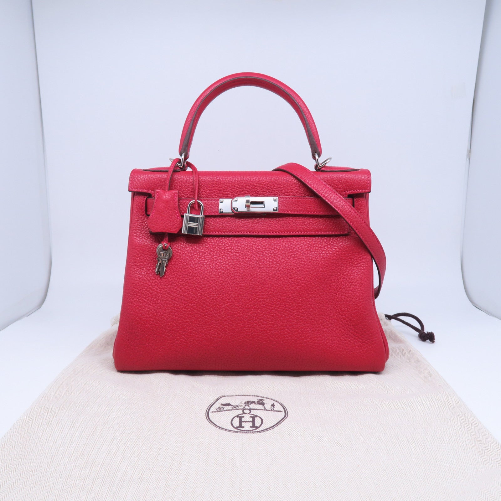 HERMES 【清倉大減價】Clemence皮革Kelly 28銀扣手挽肩背兩用袋蕃茄紅色