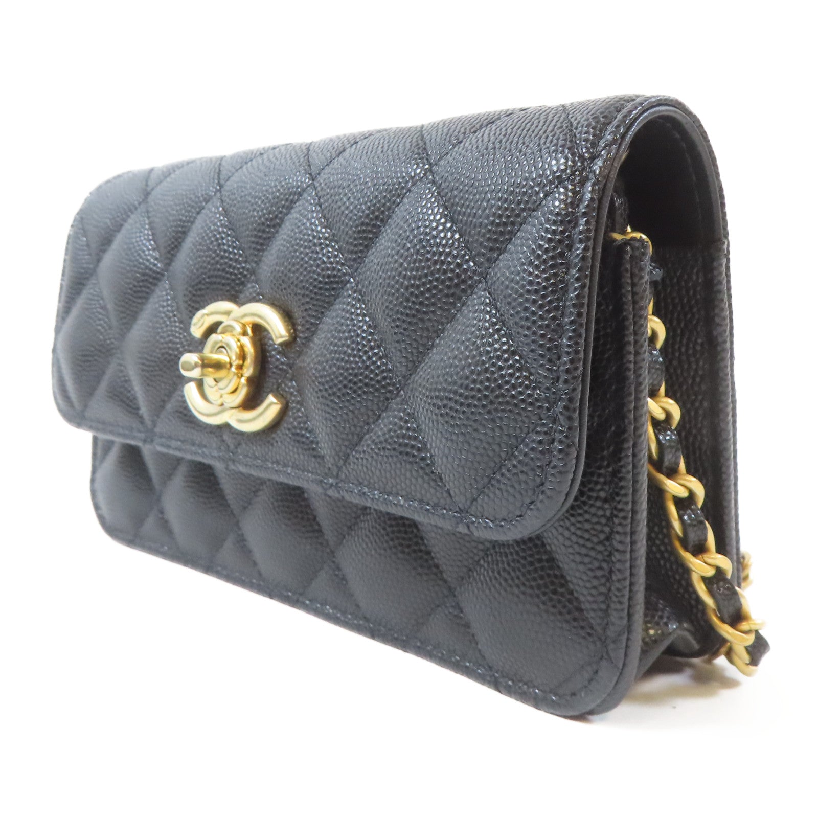 CHANEL 菱格Caviar皮革Chain Shoulder Bag金扣鏈帶肩背袋黑色