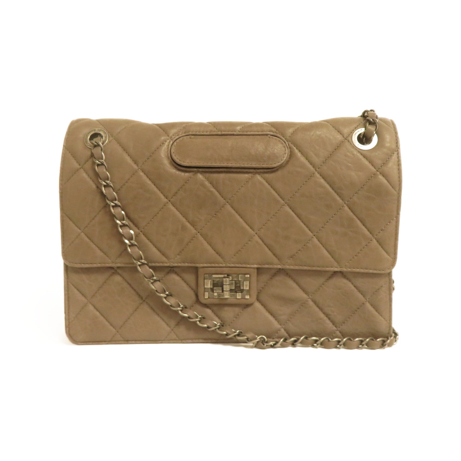 CHANEL 【激減優惠】菱格牛皮皮革Chain Shoulder銀扣鏈帶肩背袋灰色