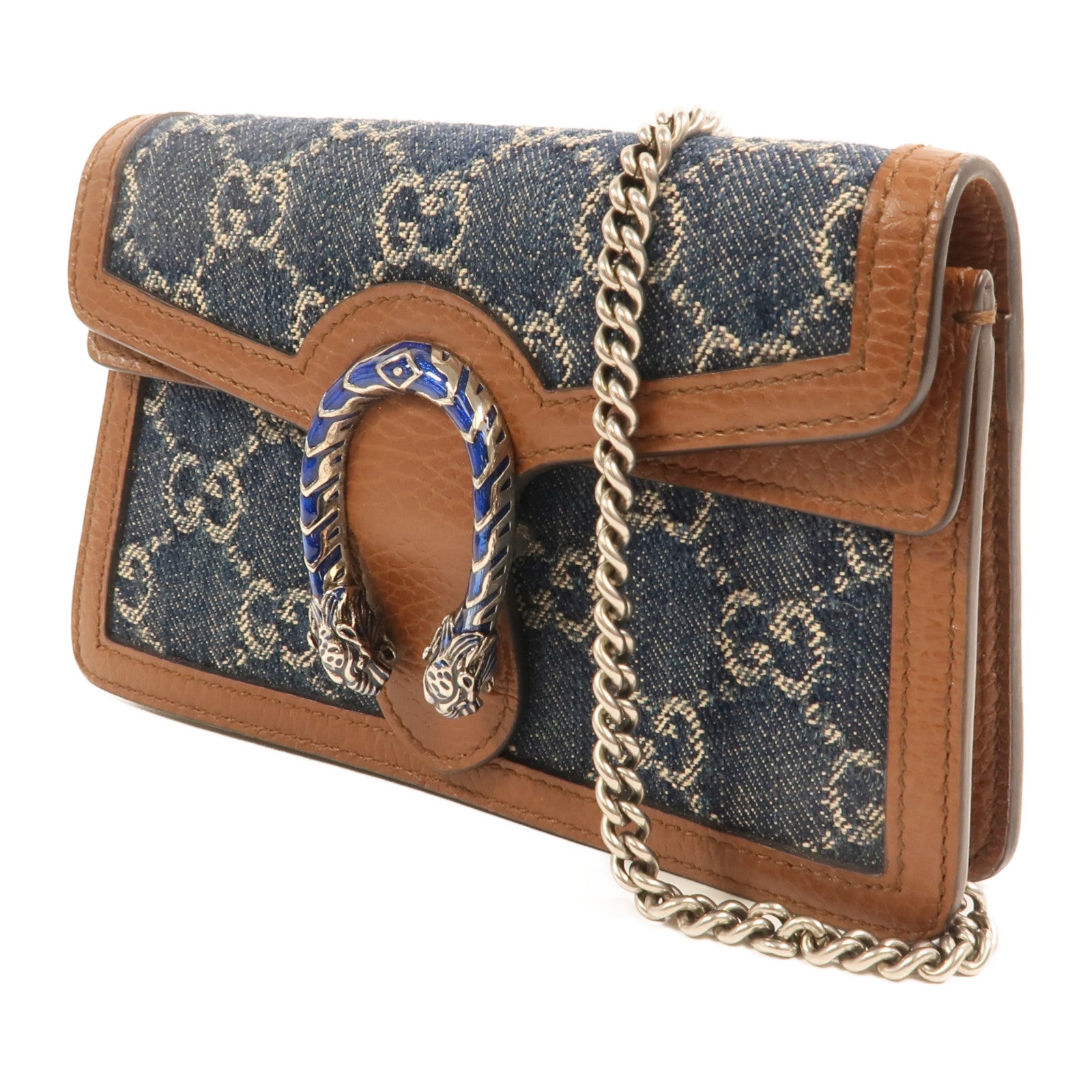 GUCCI 牛仔布Dionysus Wallet On Chain銀扣鏈帶肩背袋