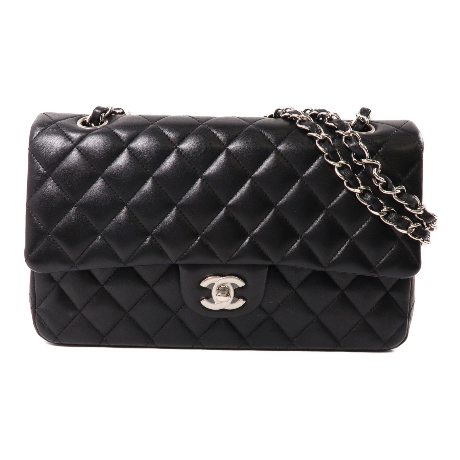 CHANEL 羊皮皮革Classic 25銀扣鏈帶肩背袋黑色
